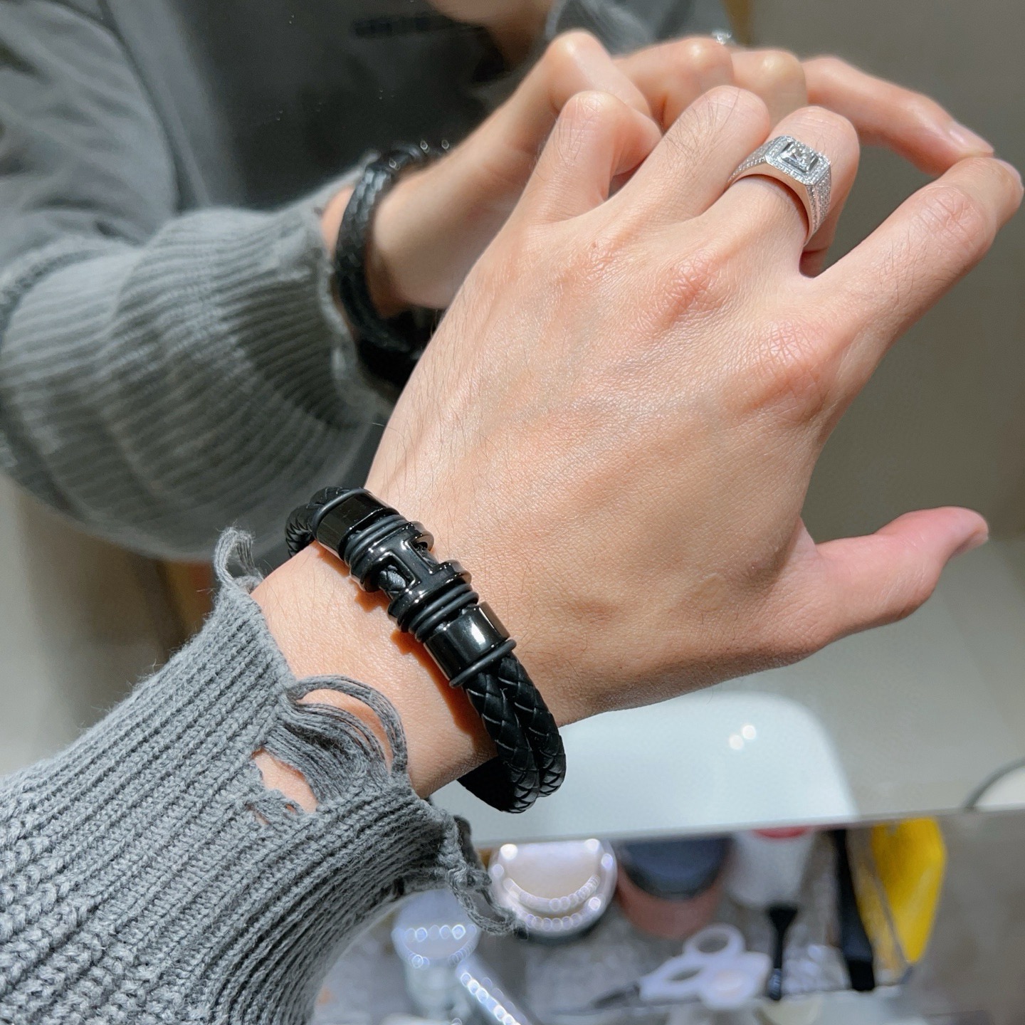 Bracciale Hermes New Anger Forest Pelle intrecciata nera con hardware nero color canna di fucile 19 cm