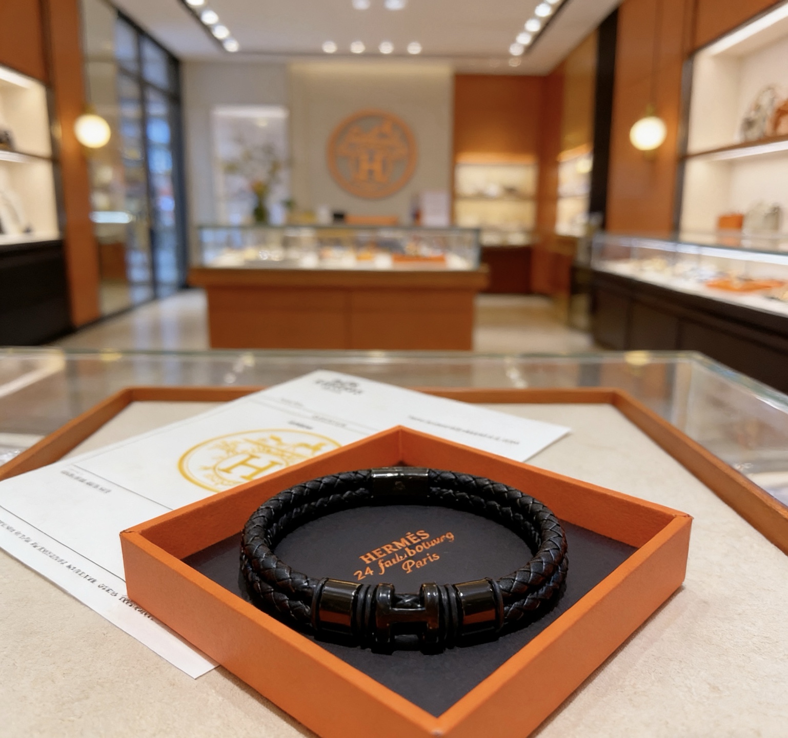 Bracciale Hermes New Anger Forest Pelle intrecciata nera con hardware nero color canna di fucile 19 cm