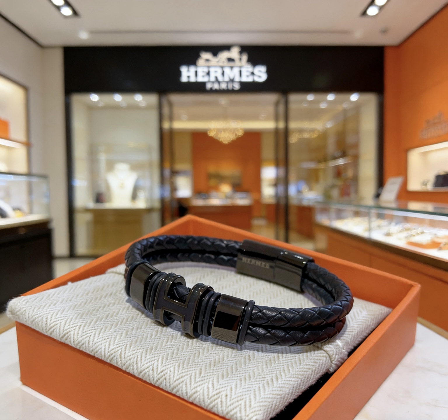 Bracciale Hermes New Anger Forest Pelle intrecciata nera con hardware nero color canna di fucile 19 cm