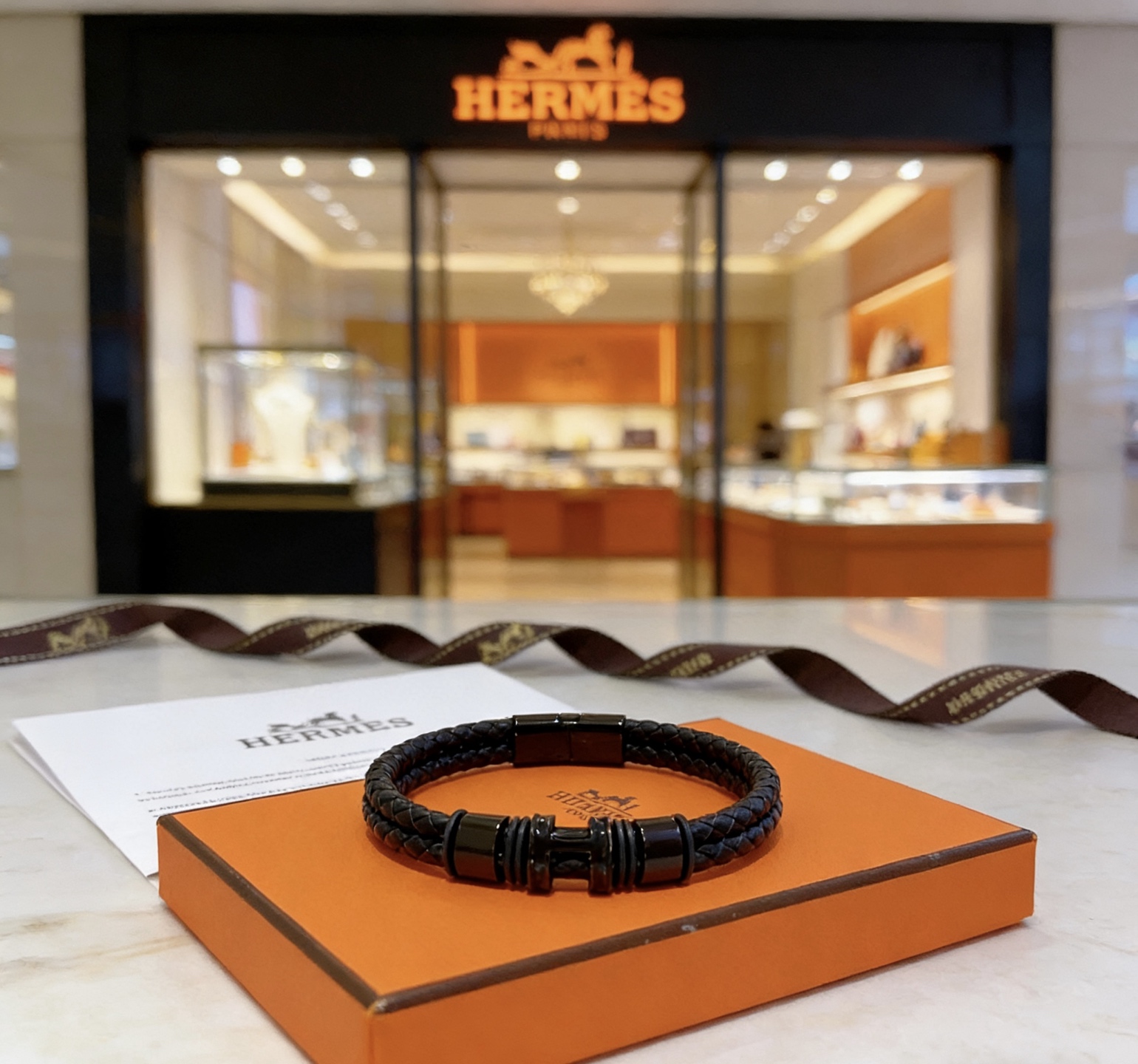 Bracciale Hermes New Anger Forest Pelle intrecciata nera con hardware nero color canna di fucile 19 cm
