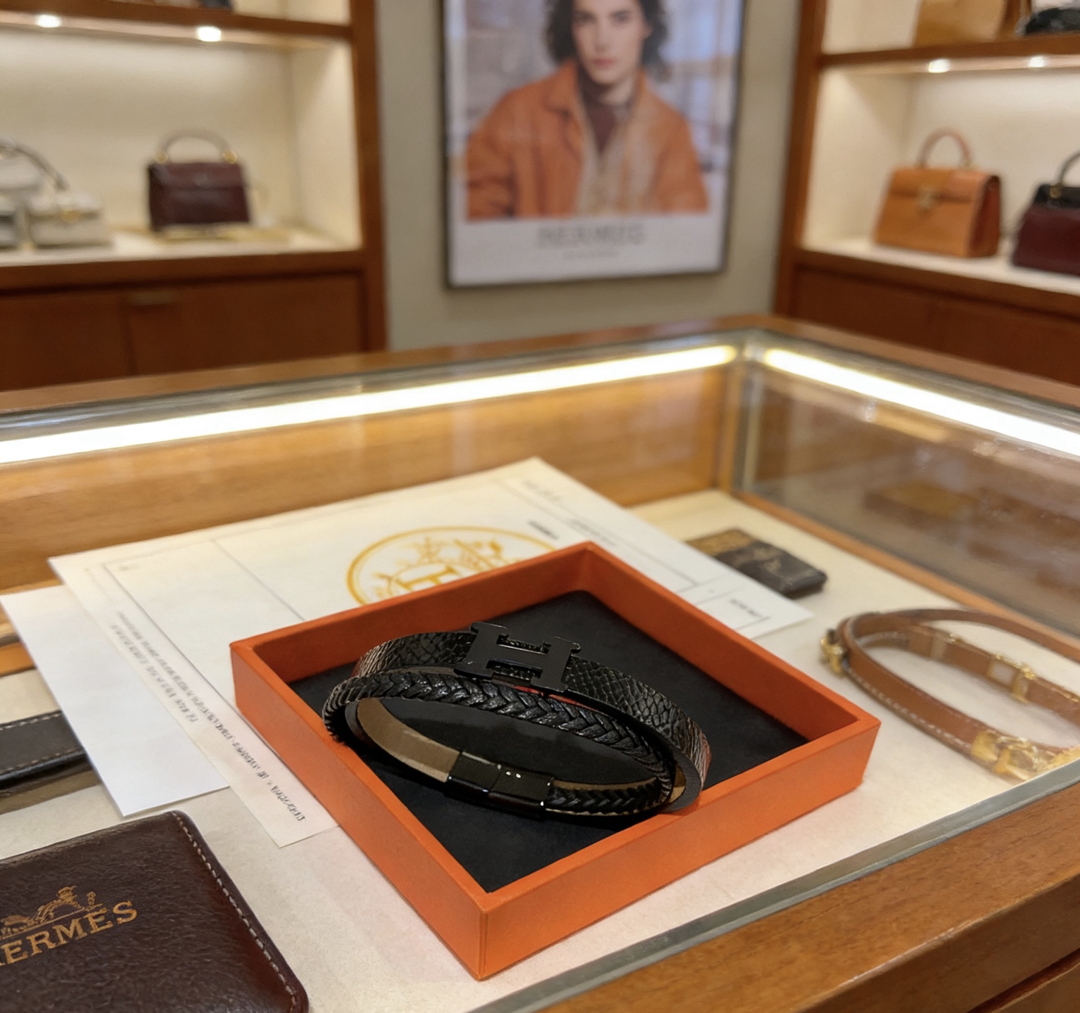 Bracciale Hermes Anger Forest Pelle nera con hardware H nero opaco fodera in pelle beige 19 cm