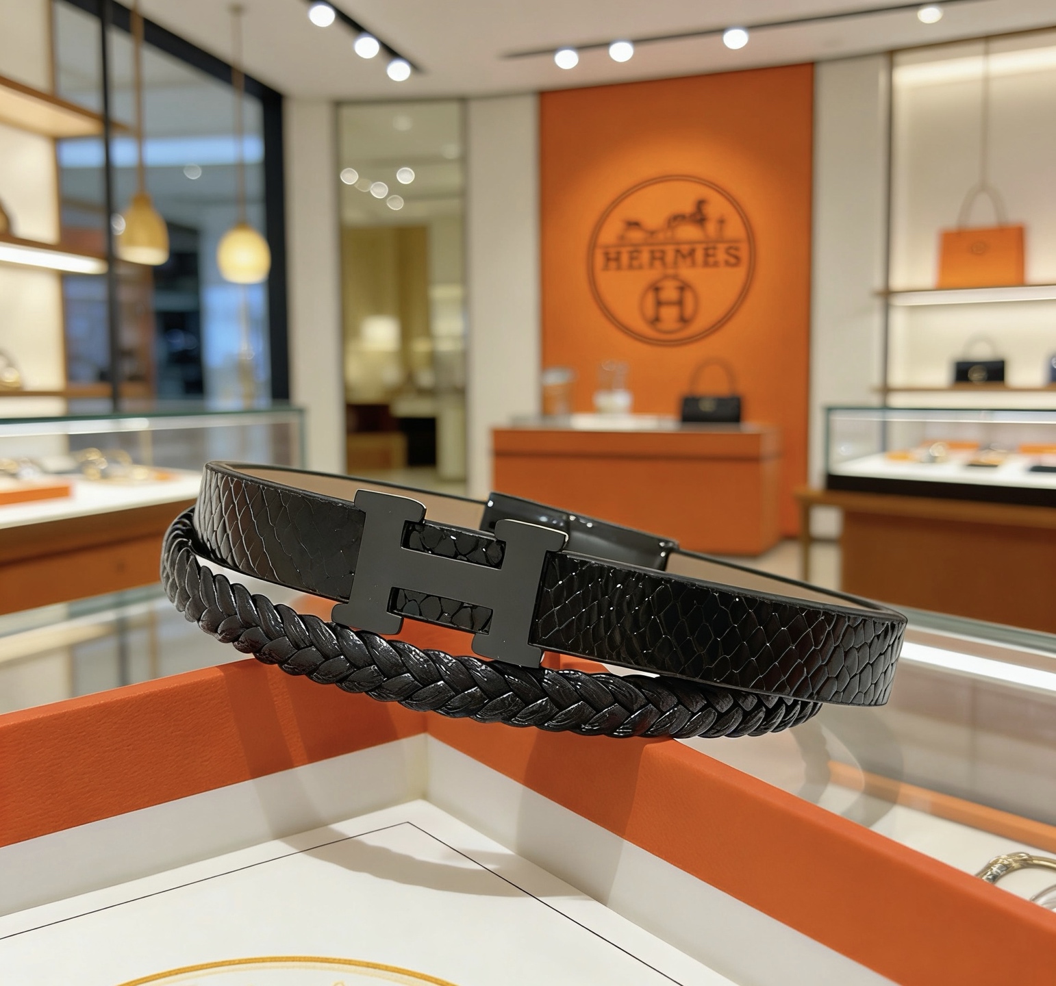 Bracciale Hermes Anger Forest Pelle nera con hardware H nero opaco fodera in pelle beige 19 cm