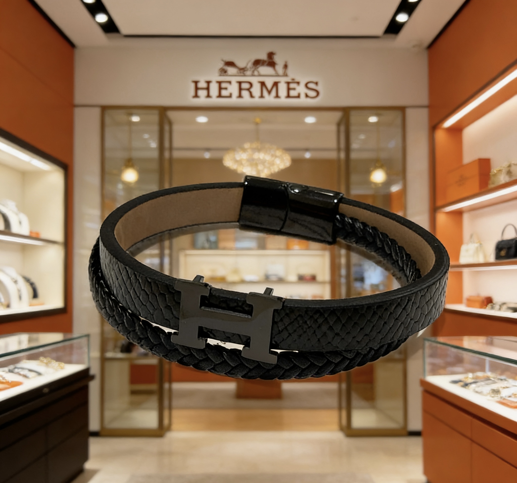 Bracciale Hermes Anger Forest Pelle nera con hardware H nero opaco fodera in pelle beige 19 cm