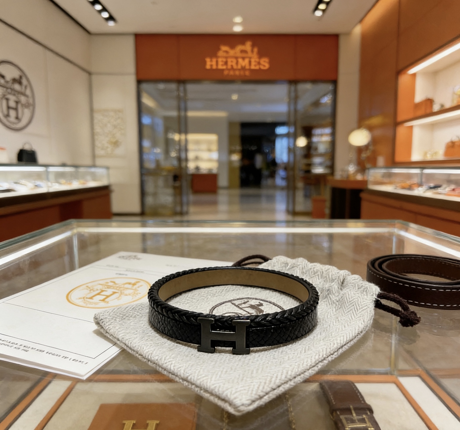 Bracciale Hermes Anger Forest Pelle nera con hardware H nero opaco fodera in pelle beige 19 cm