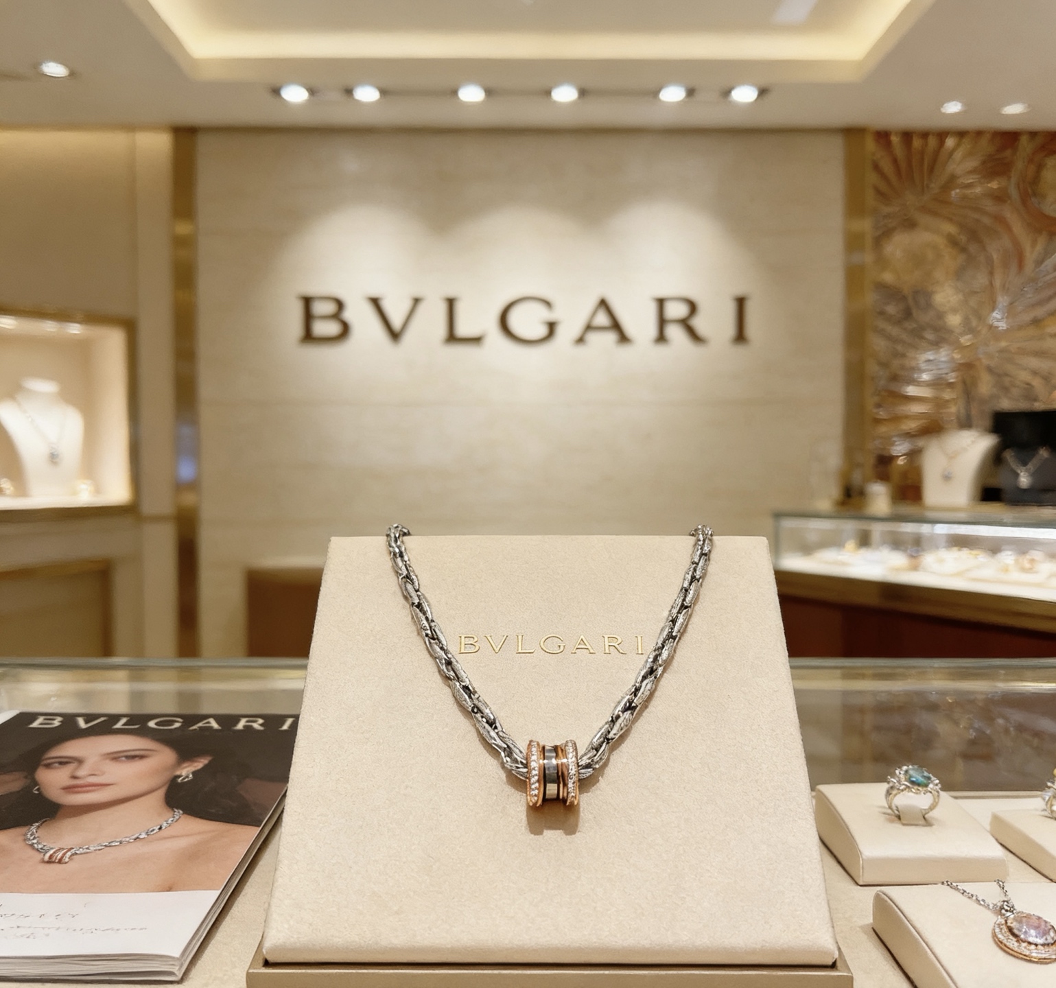 Bvlgari B zero1 necklace Sterling silver chain rose gold pendant accents clear diamond accents dark ceramic detail 60cm
