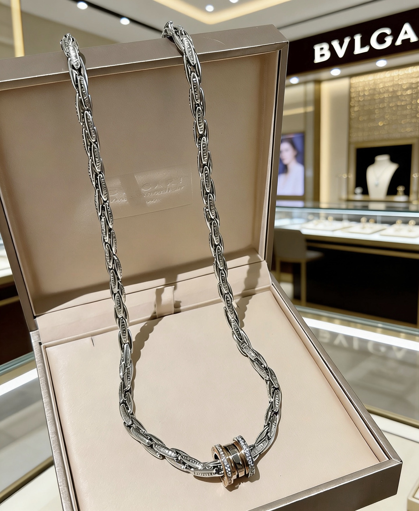 Bvlgari B zero1 necklace Sterling silver chain rose gold pendant accents clear diamond accents dark ceramic detail 60cm