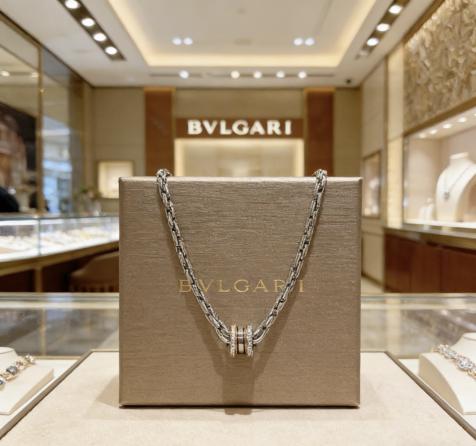 Bvlgari B zero1 necklace Sterling silver chain rose gold pendant accents clear diamond accents dark ceramic detail 60cm
