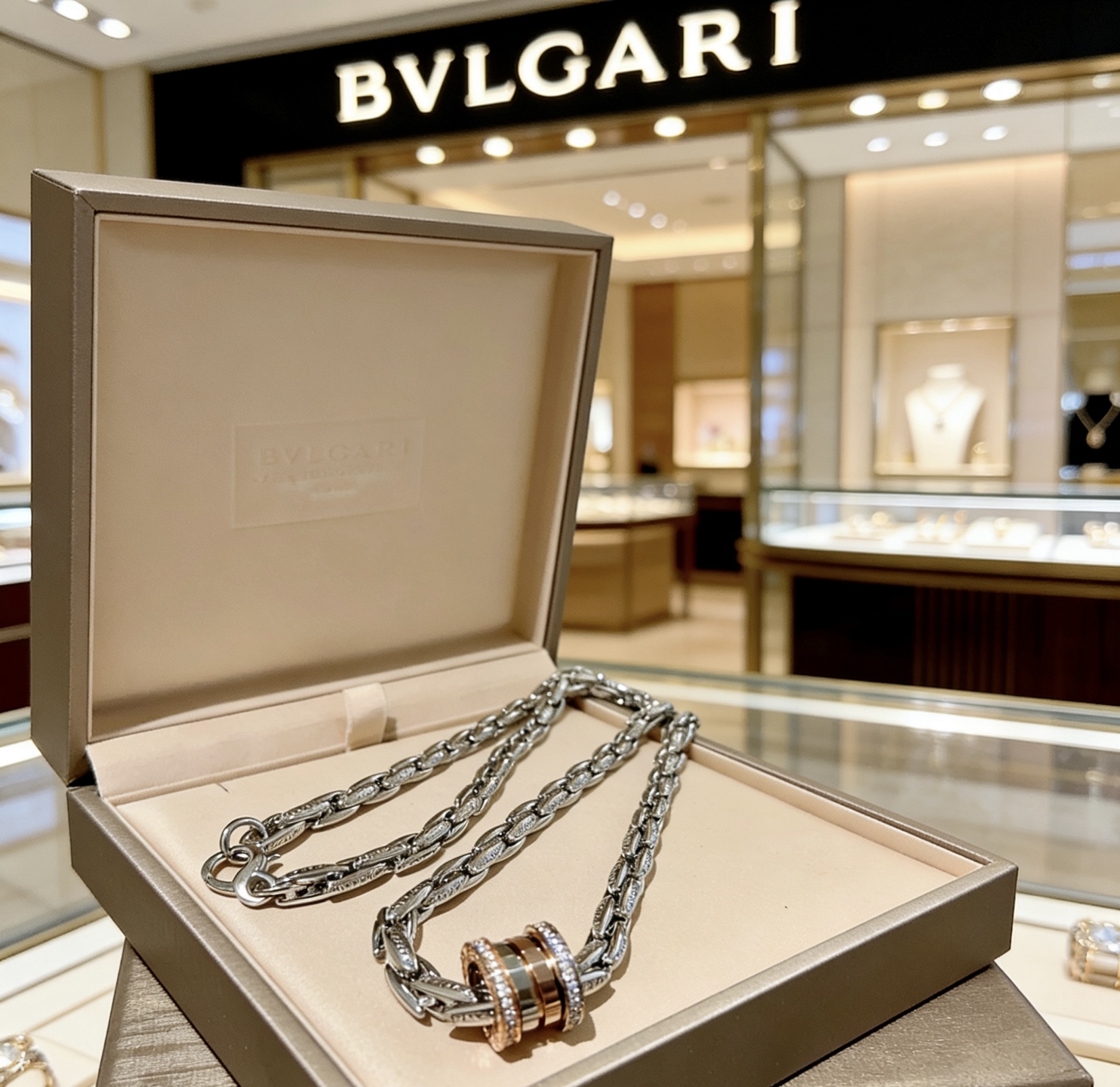 Bvlgari B zero1 necklace Sterling silver chain rose gold pendant accents clear diamond accents dark ceramic detail 60cm