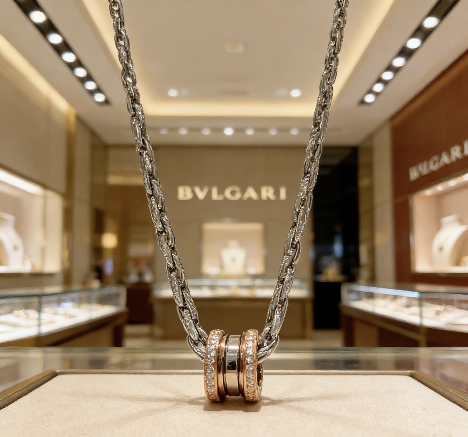 Bvlgari B zero1 necklace Sterling silver chain rose gold pendant accents clear diamond accents dark ceramic detail 60cm