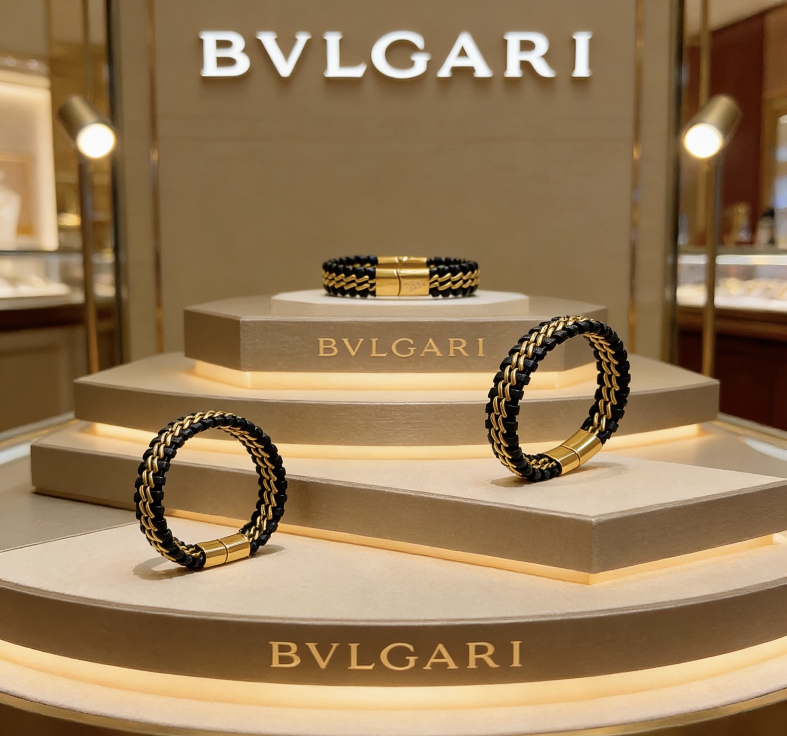 Bvlgari B zero1 bracelet Yellow gold tone metal with black woven leather 19cm