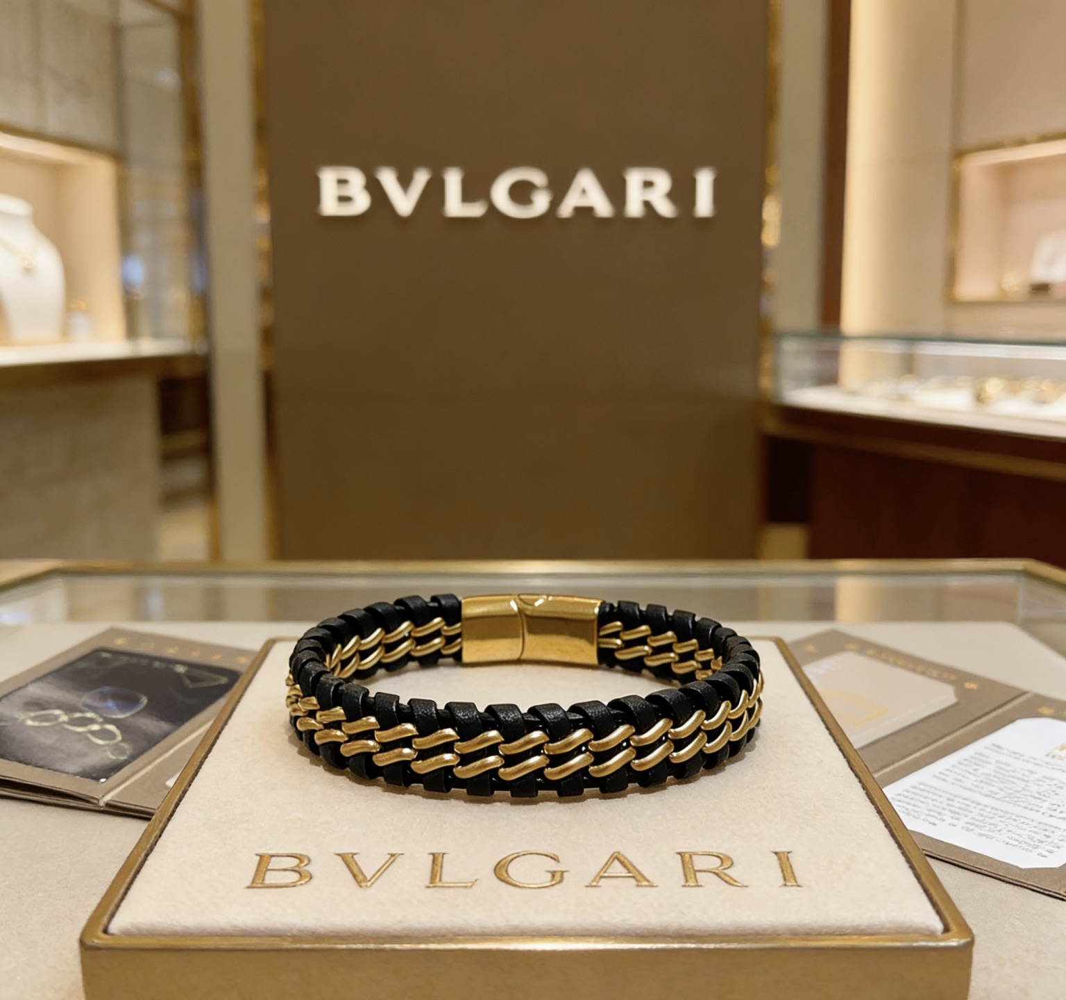 Bvlgari B zero1 bracelet Yellow gold tone metal with black woven leather 19cm