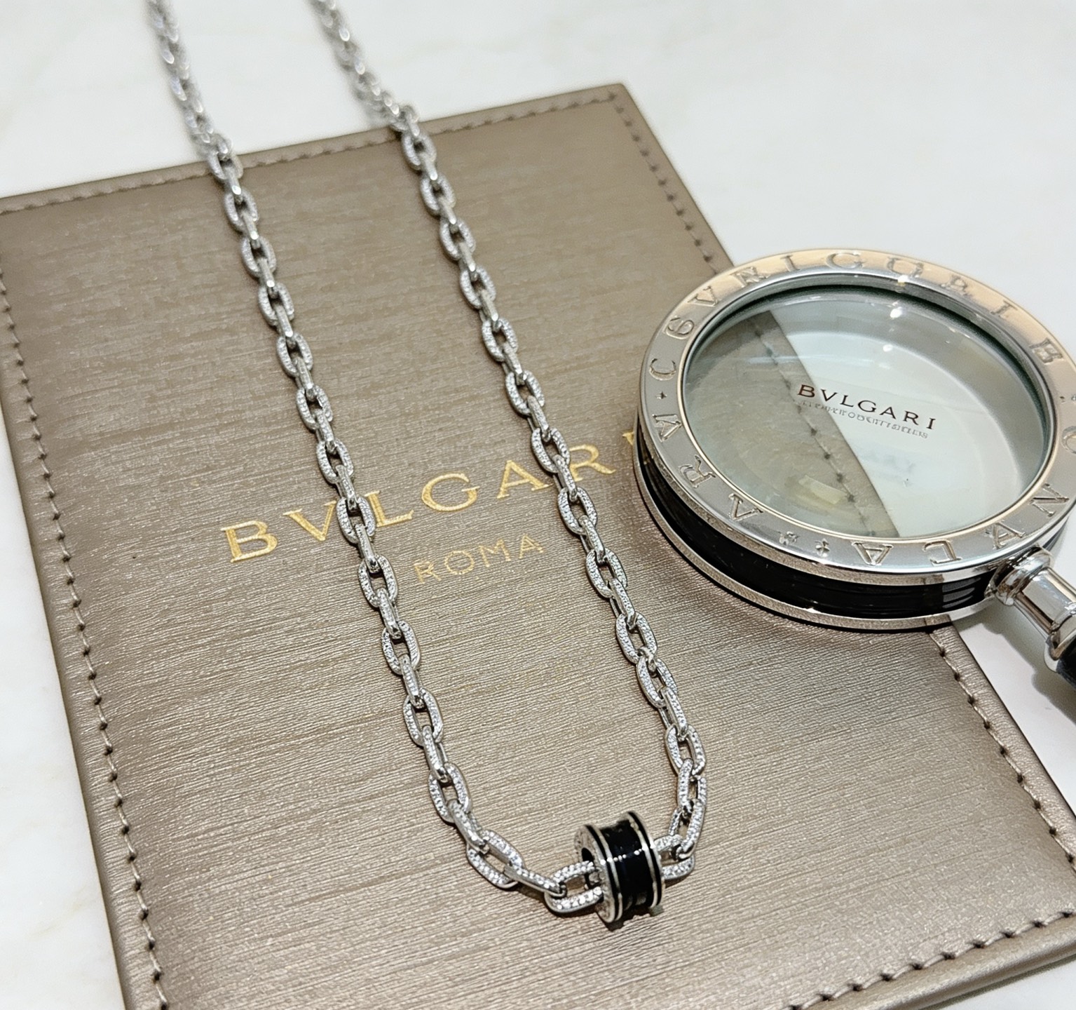 Bvlgari B zero1 necklace Silver-toned metal with black ceramic and clear diamond accents 50cm