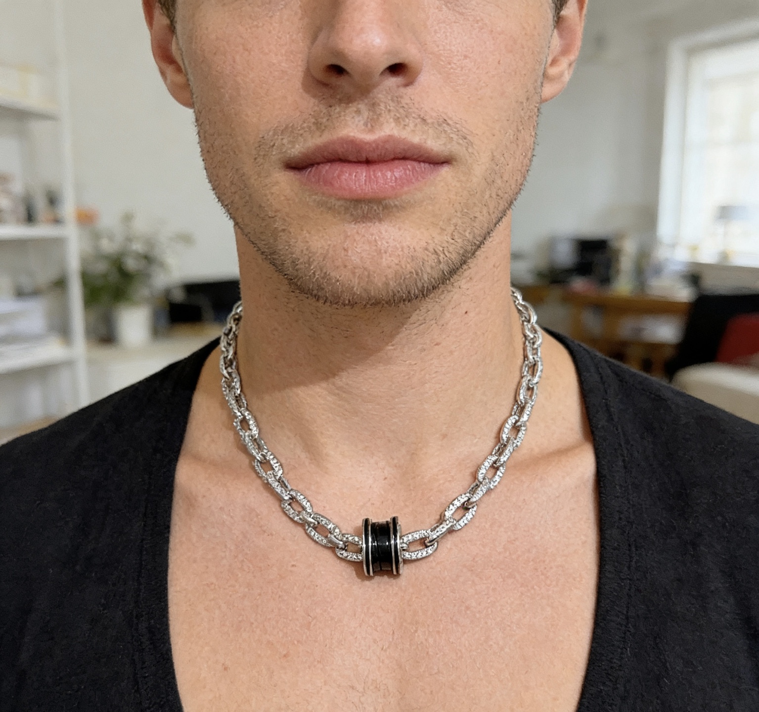 Bvlgari B zero1 necklace Silver-toned metal with black ceramic and clear diamond accents 50cm