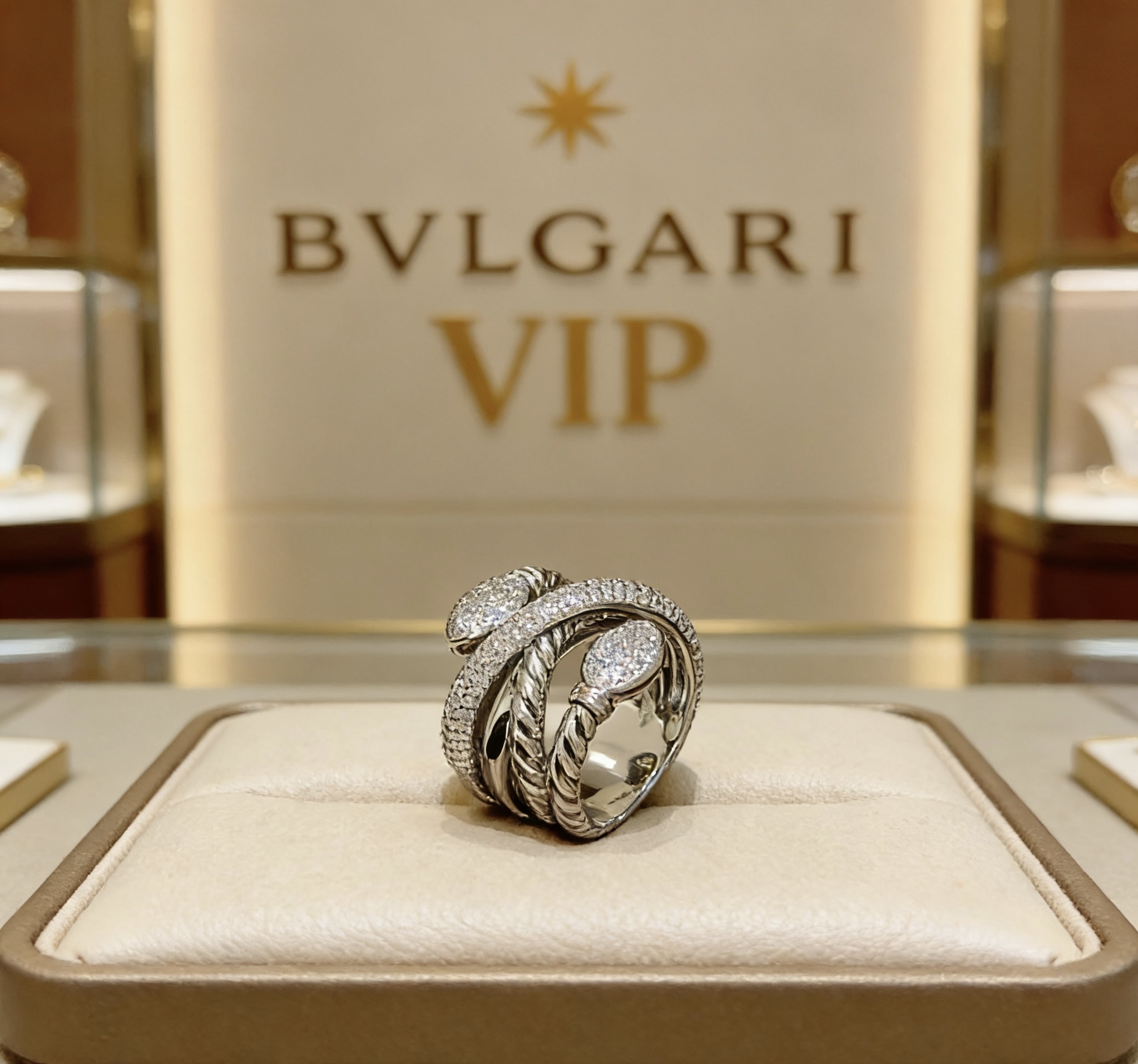 Bvlgari Serpenti ring silver-toned metal with clear pave diamonds US 7