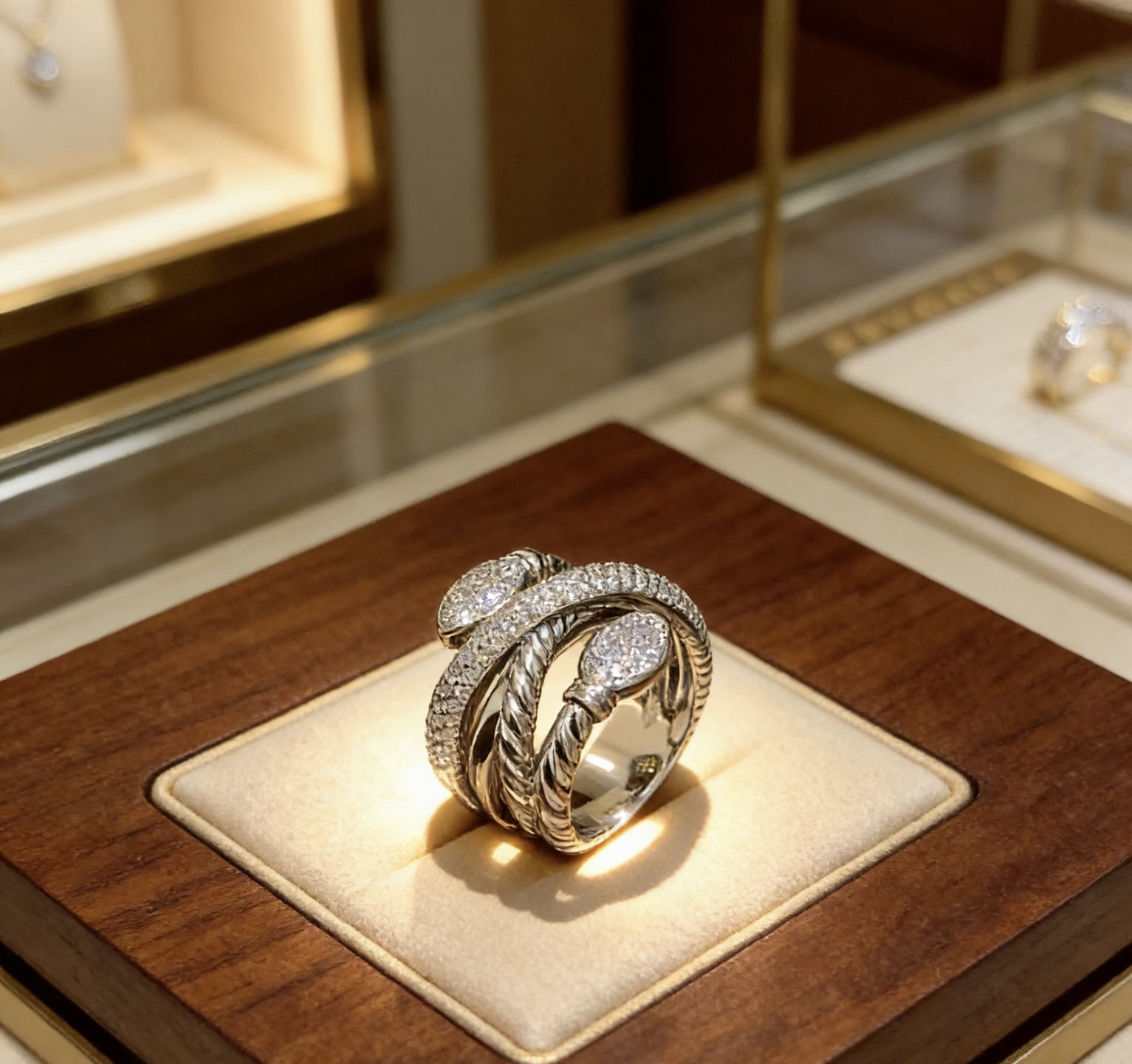 Bvlgari Serpenti ring silver-toned metal with clear pave diamonds US 7