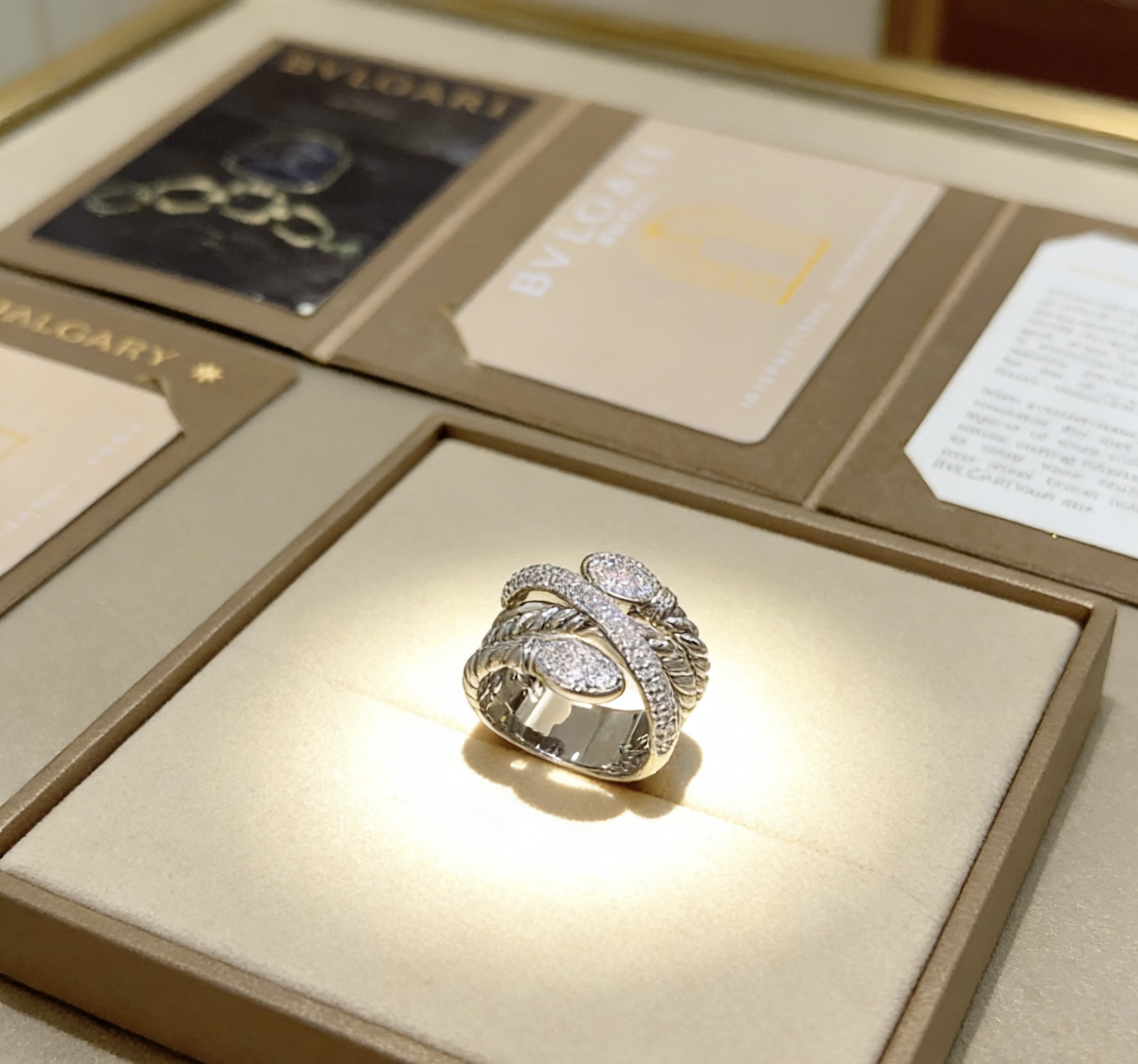 Bvlgari Serpenti ring silver-toned metal with clear pave diamonds US 7