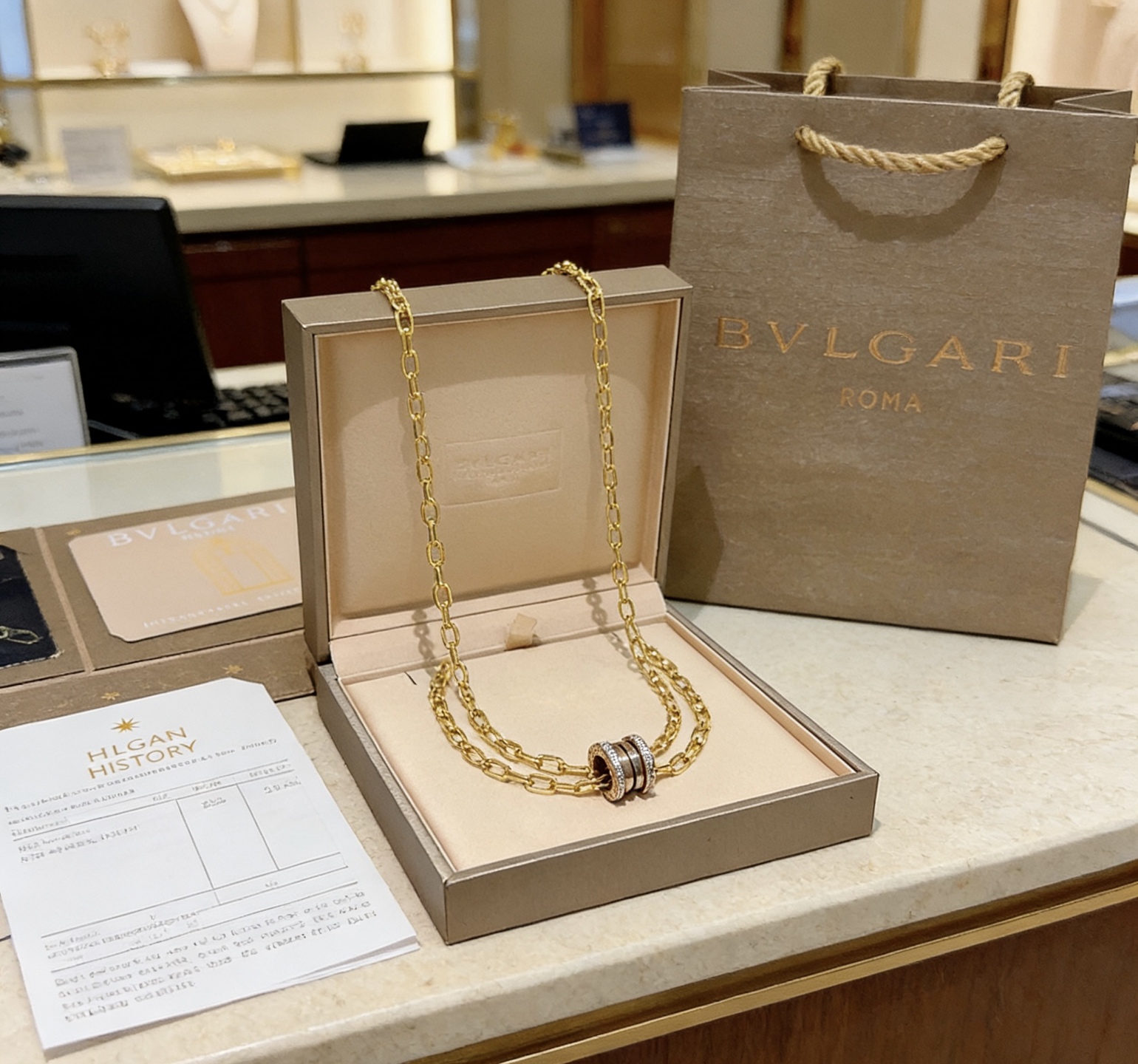 Bvlgari B zero1 necklace 18K yellow gold with clear diamond accents and rose gold detailing 45cm