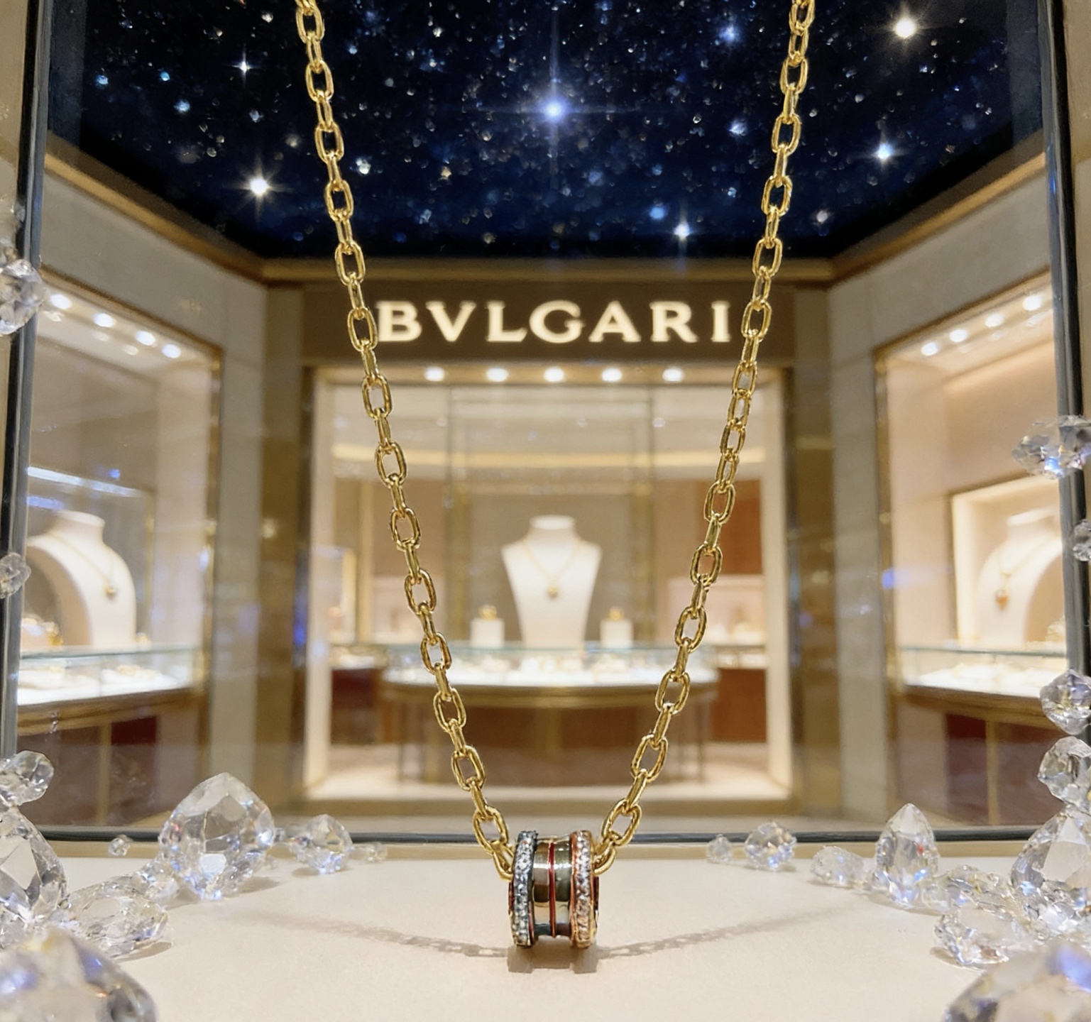 Bvlgari B zero1 necklace 18K yellow gold with clear diamond accents and rose gold detailing 45cm