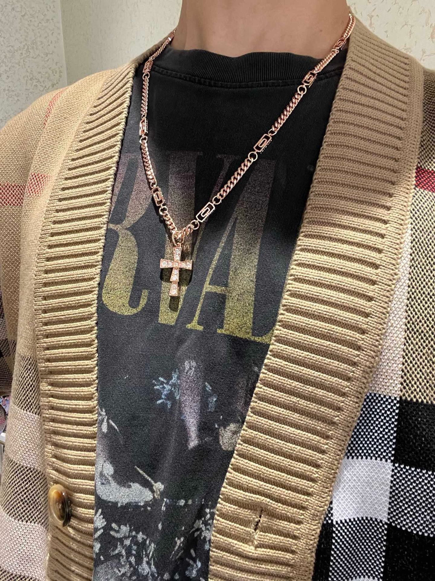 Bvlgari Serpenti Cross Pendant Necklace necklace Rose gold with clear diamond pave 50cm