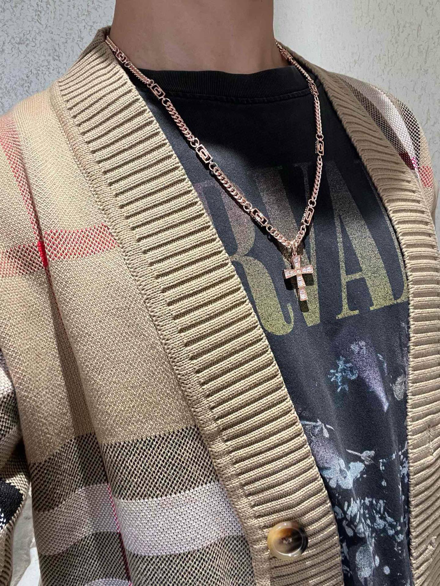 Bvlgari Serpenti Cross Pendant Necklace necklace Rose gold with clear diamond pave 50cm