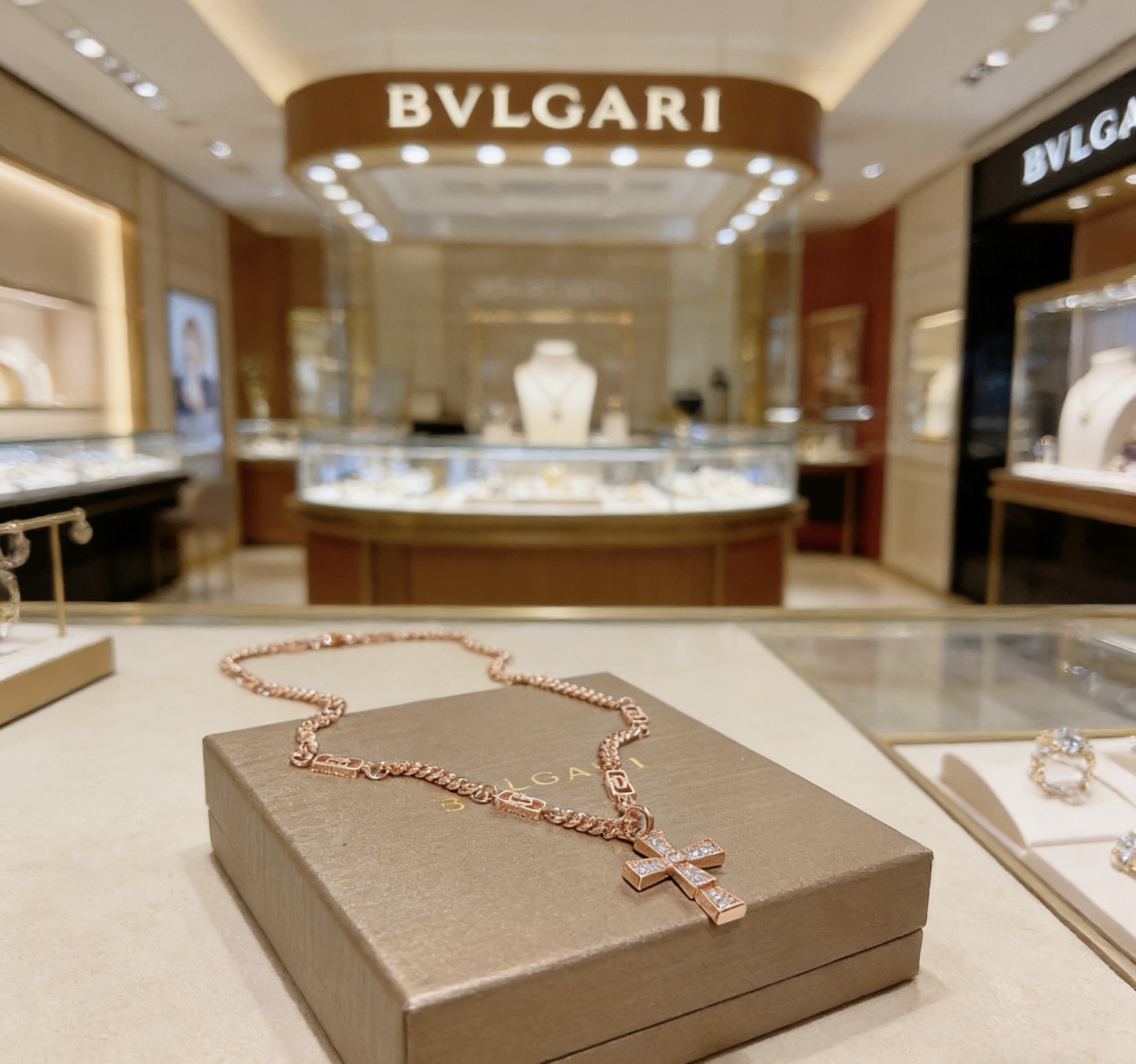 Bvlgari Serpenti Cross Pendant Necklace necklace Rose gold with clear diamond pave 50cm
