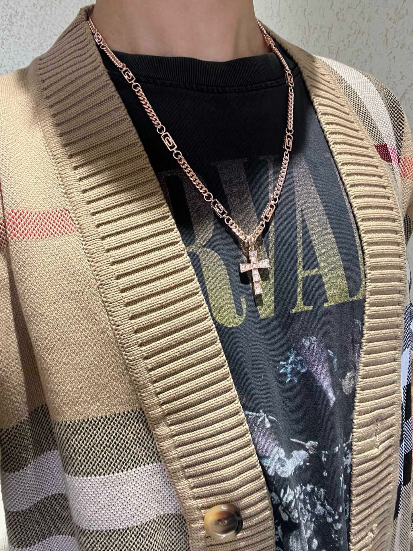 Bvlgari Serpenti Cross Pendant Necklace necklace Rose gold with clear diamond pave 50cm