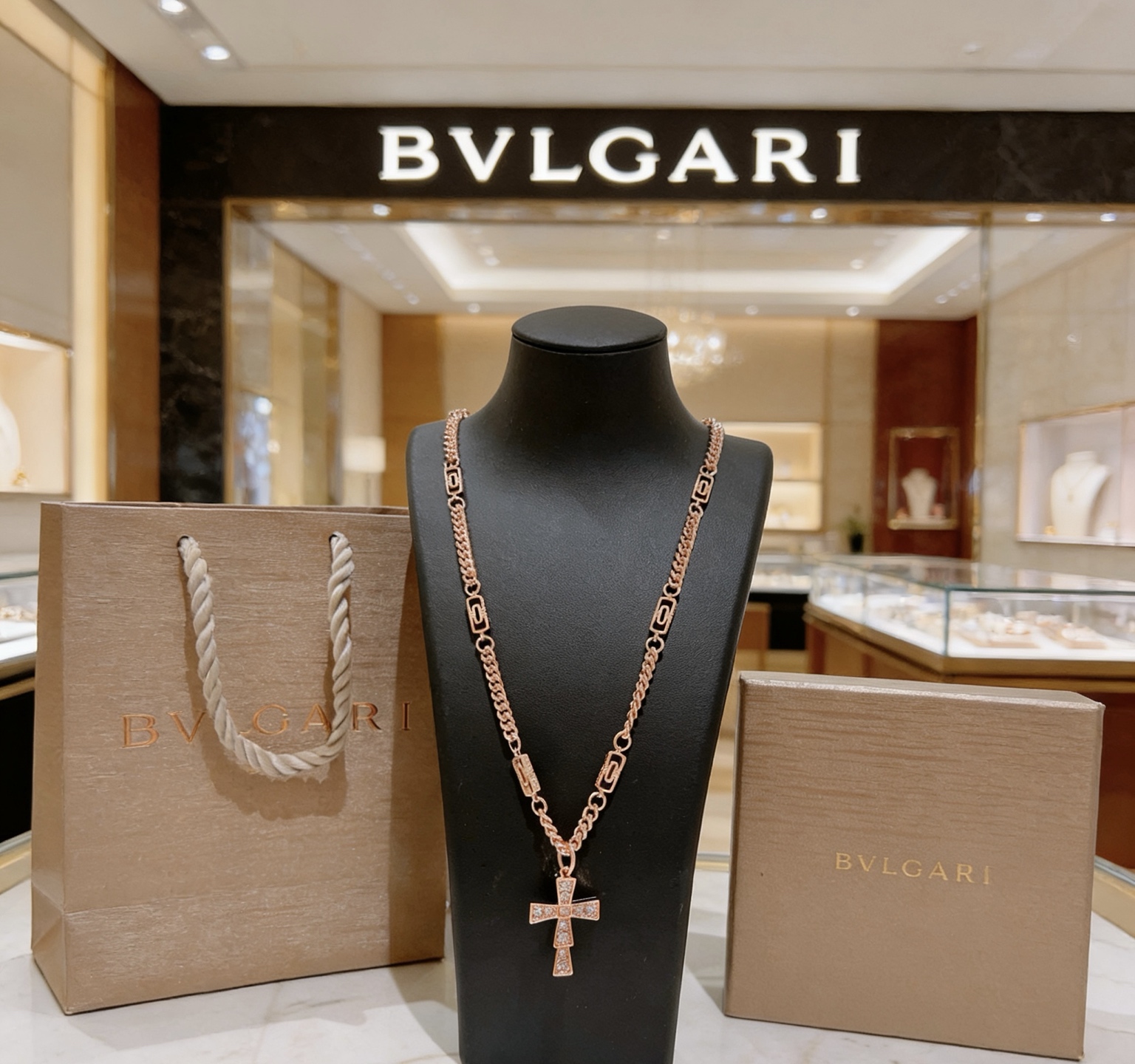 Bvlgari Serpenti Cross Pendant Necklace necklace Rose gold with clear diamond pave 50cm