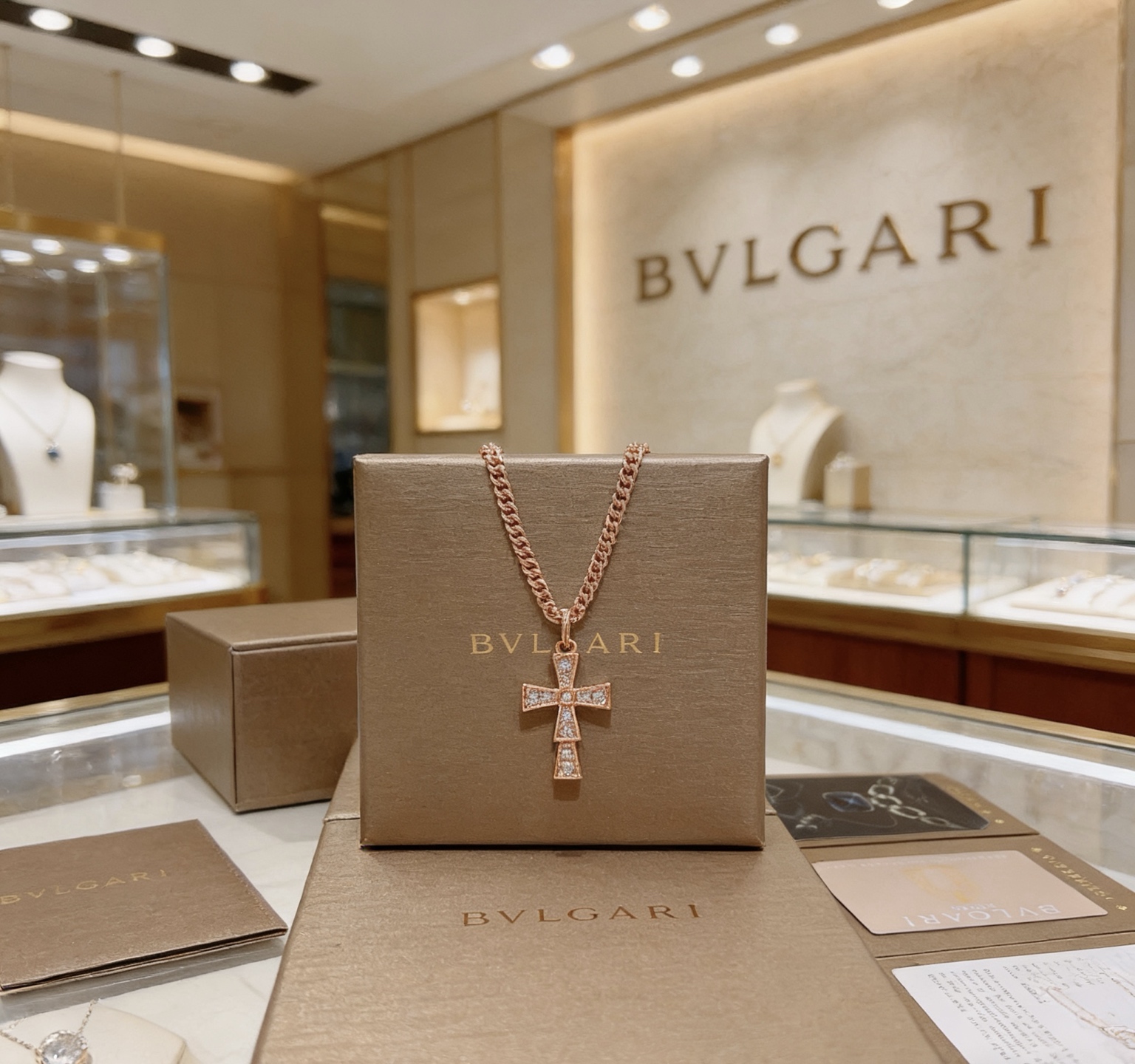 Bvlgari Serpenti Cross Pendant Necklace necklace Rose gold with clear diamond pave 50cm
