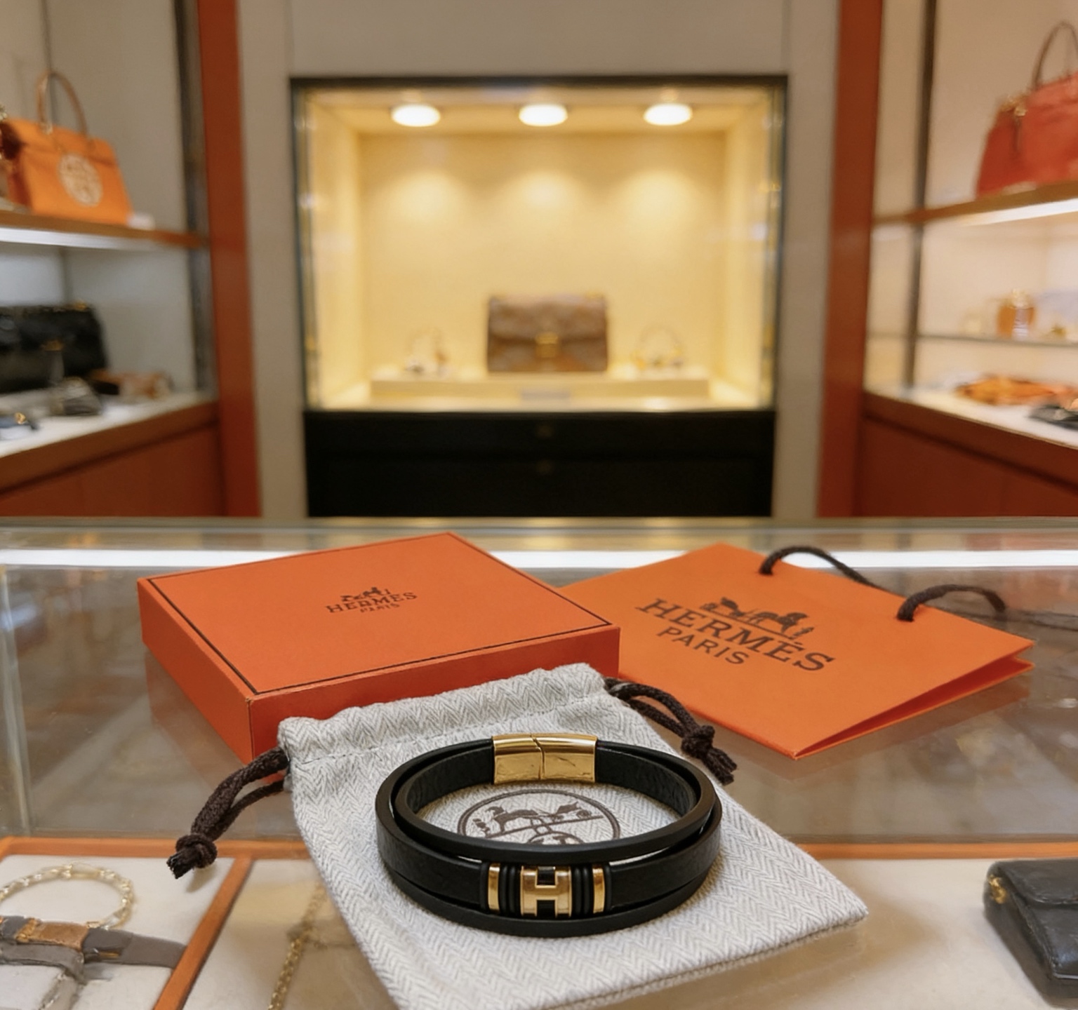 Pulsera Hermes New H de cuero negro con herrajes de metal dorado T3