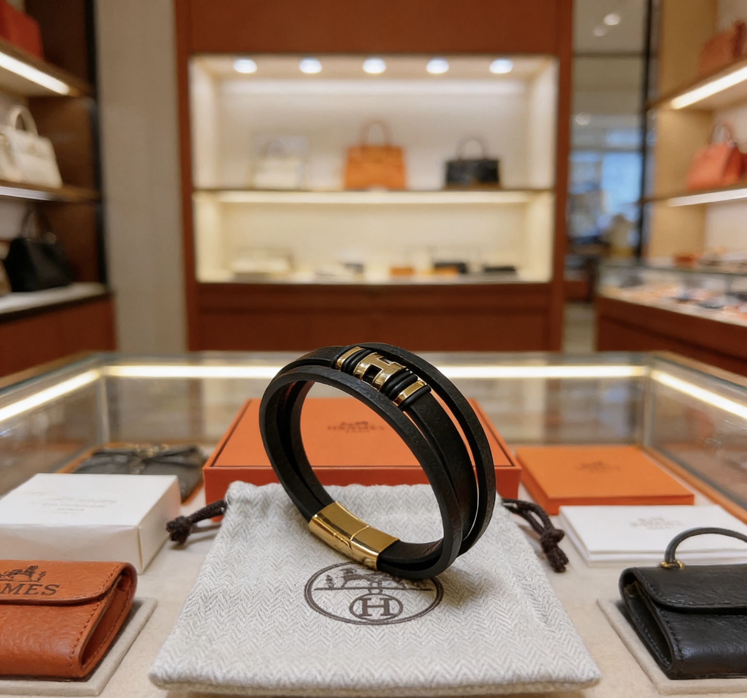Pulsera Hermes New H de cuero negro con herrajes de metal dorado T3