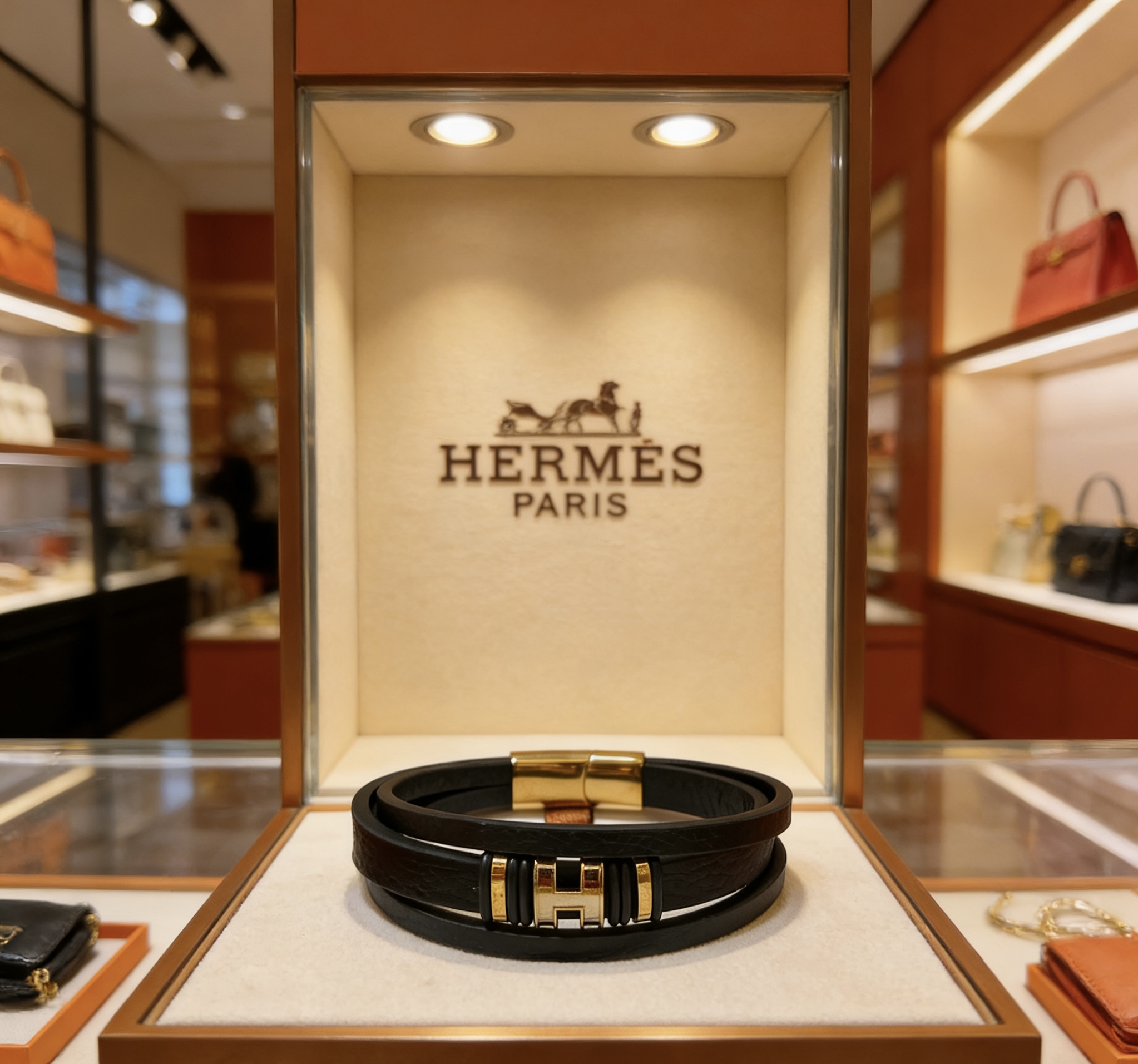 Pulsera Hermes New H de cuero negro con herrajes de metal dorado T3