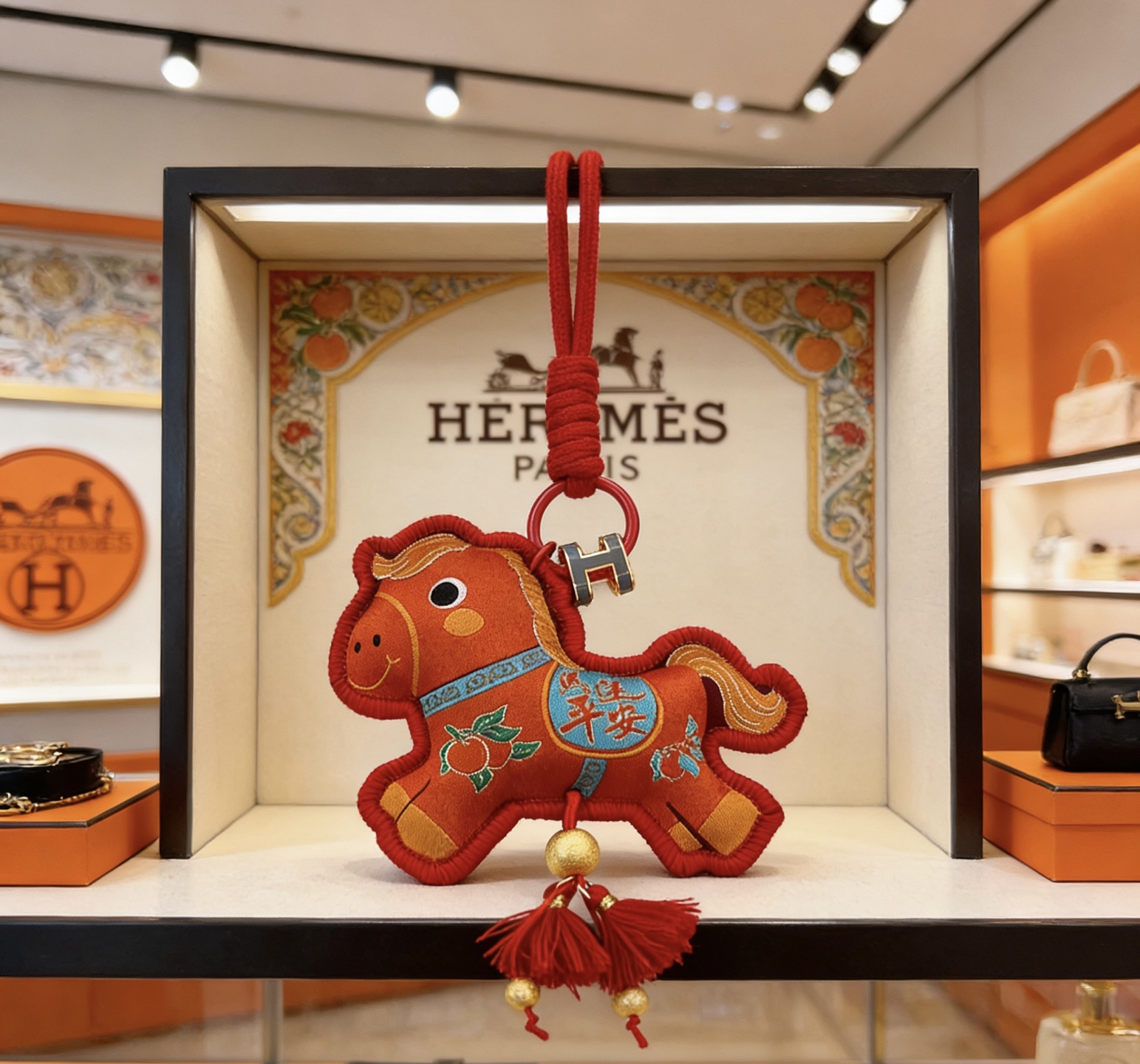 Ciondolo Hermes per Capodanno cinese a forma di cavallo Tessuto rosso con ricami dorati Hardware in metallo dorato Cordone rosso e nappe Accenti ricamati blu Lunghezza totale 12 cm con cinturino