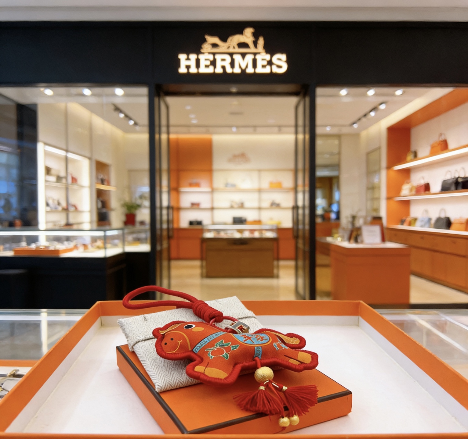Ciondolo Hermes per Capodanno cinese a forma di cavallo Tessuto rosso con ricami dorati Hardware in metallo dorato Cordone rosso e nappe Accenti ricamati blu Lunghezza totale 12 cm con cinturino