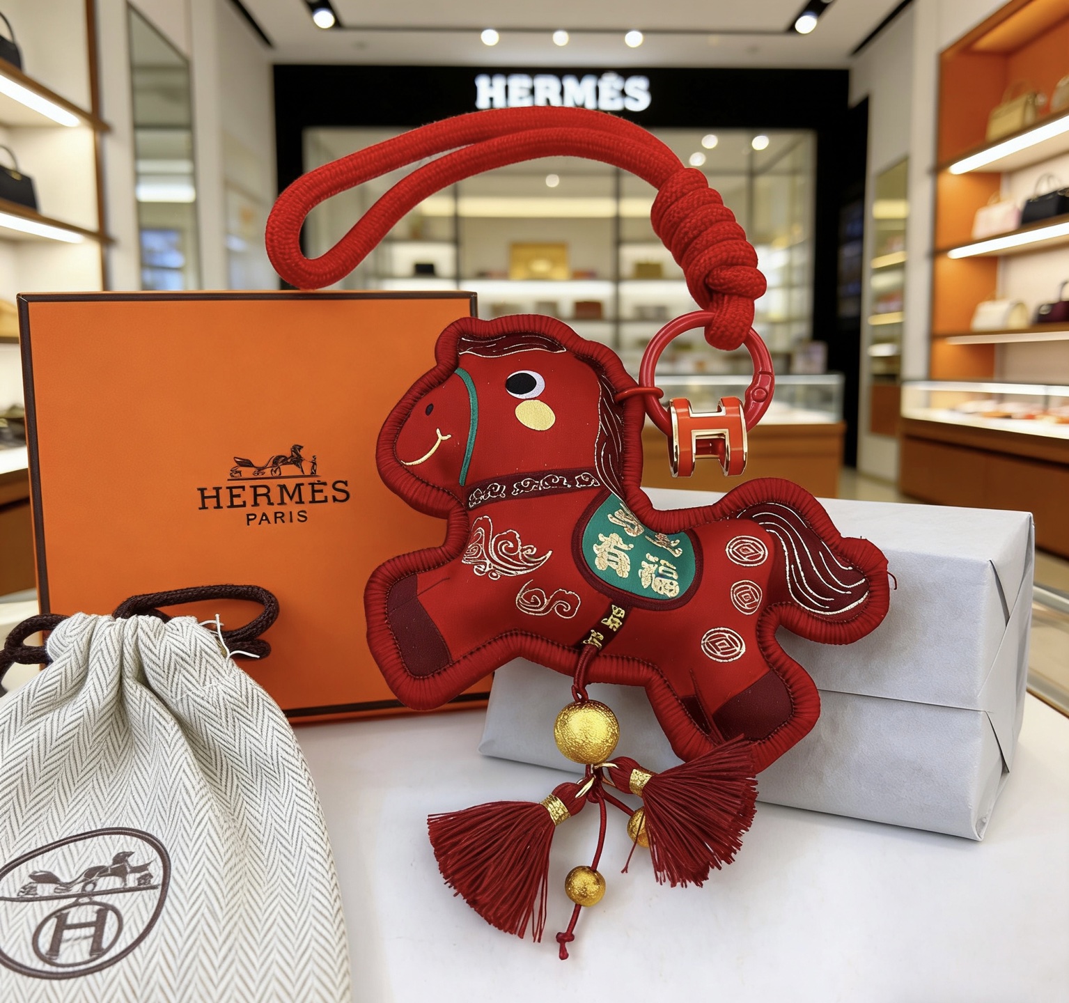 Pendentif Hermes Lucky Horse Charm Tissu rouge avec accents en métal doré détail brodé vert pompons rouges longueur totale 12 cm