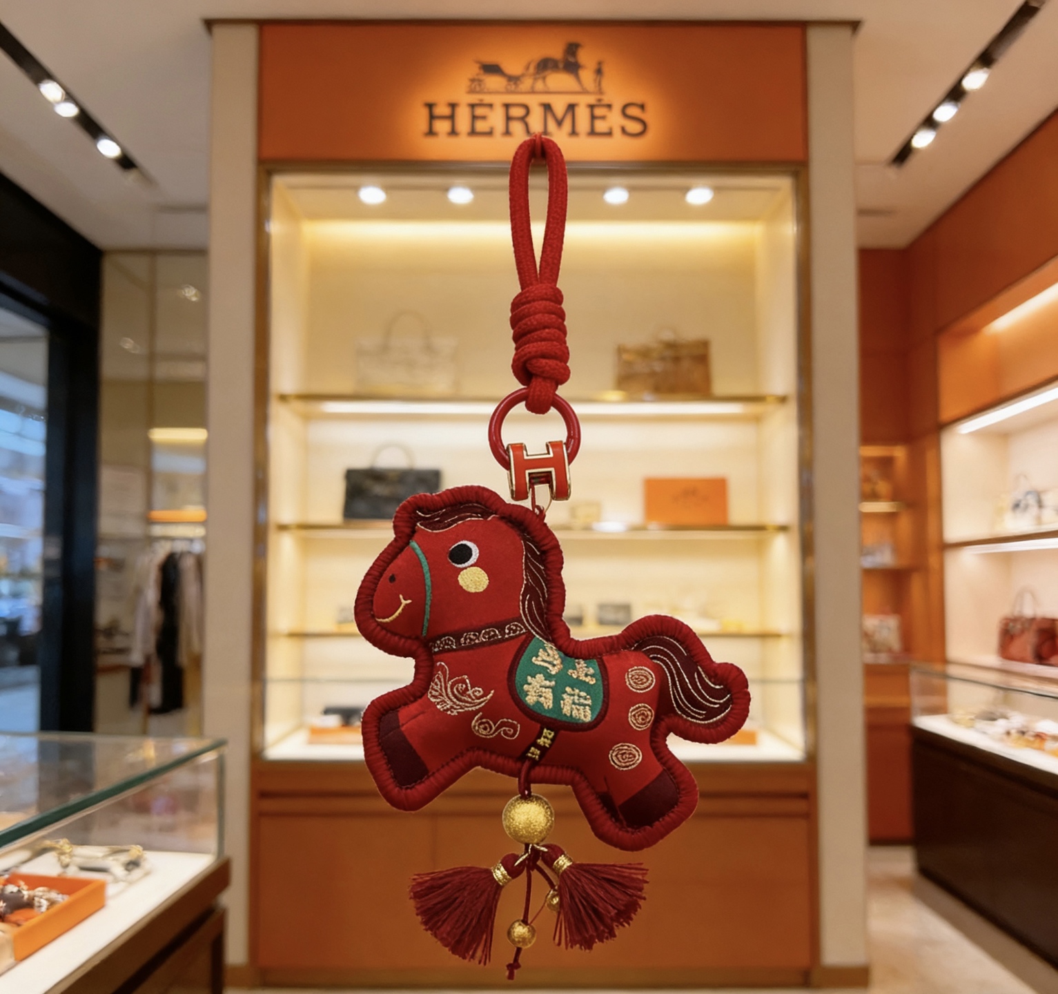 Pendentif Hermes Lucky Horse Charm Tissu rouge avec accents en métal doré détail brodé vert pompons rouges longueur totale 12 cm