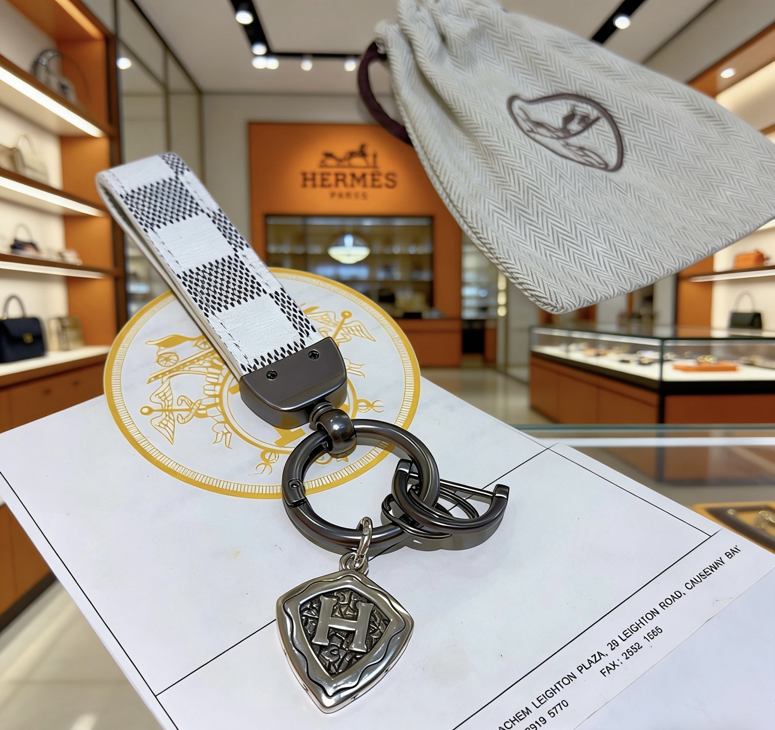 Hermes H Shield Key Charm pingente branco e cinza escuro lona xadrez metal bronze antigo tom prateado H Shield Charm 10 cm de comprimento total