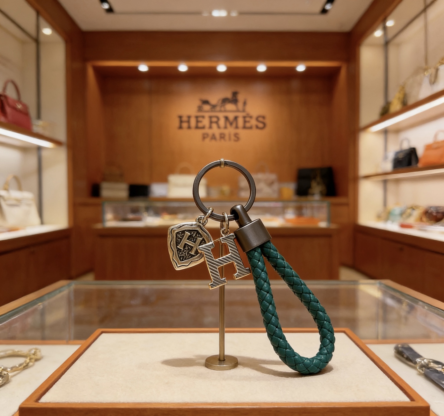 Ciondolo portachiavi intrecciato con logo Hermes H. Ciondolo portachiavi in ​​pelle intrecciata verde malachite, hardware color canna di fucile, ciondoli in metallo color argento antico 10 cm