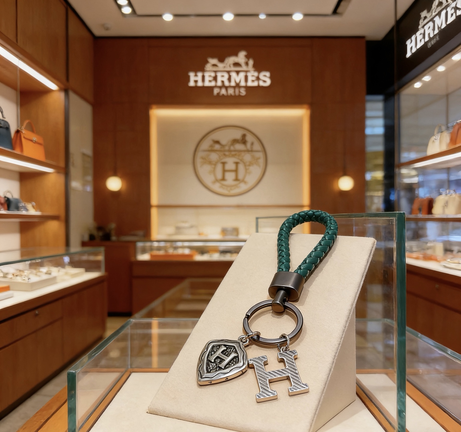 Ciondolo portachiavi intrecciato con logo Hermes H. Ciondolo portachiavi in ​​pelle intrecciata verde malachite, hardware color canna di fucile, ciondoli in metallo color argento antico 10 cm