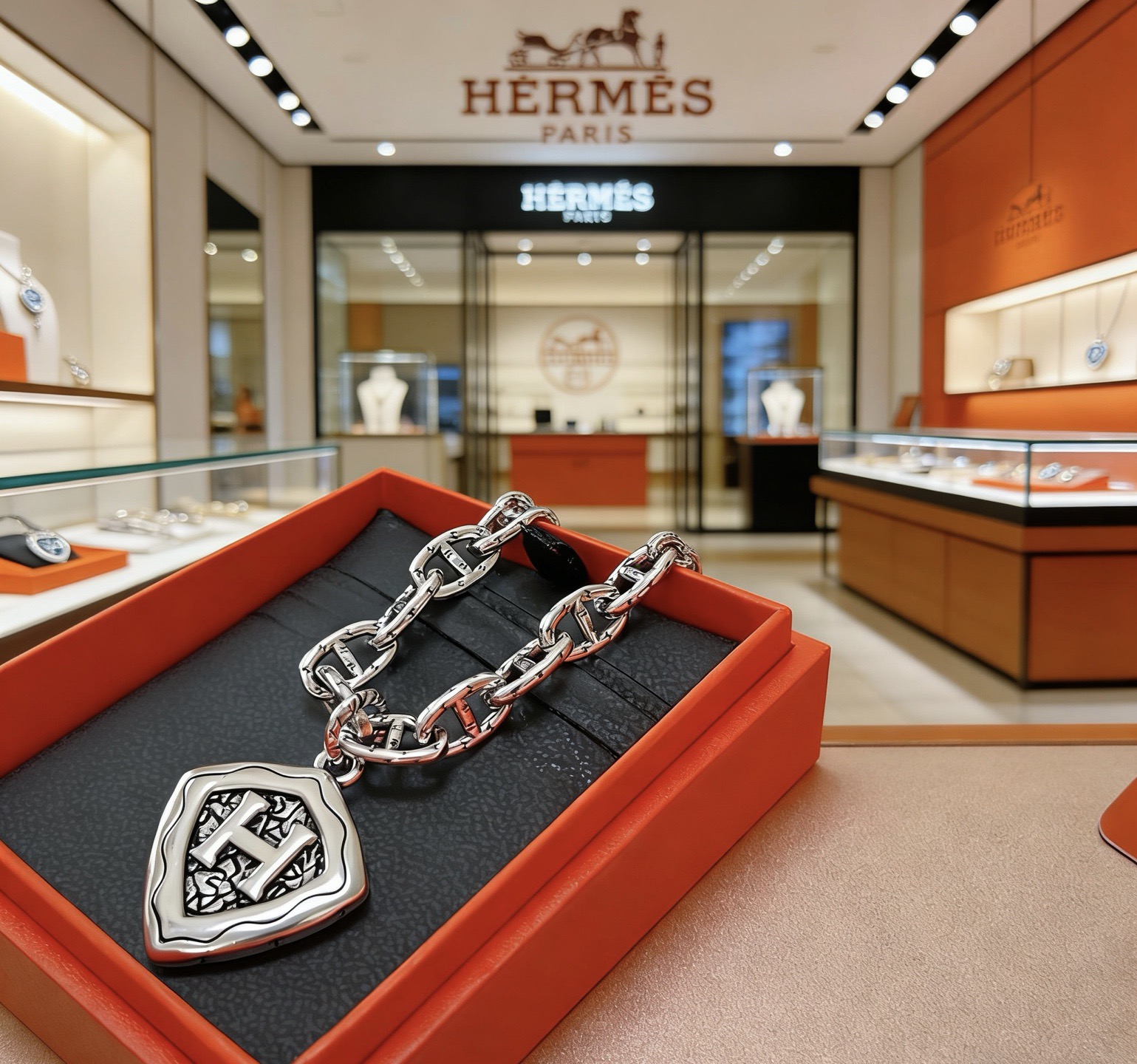 Hermes Chaine d Ancre Shield H Collar con colgante vintage de metal plateado con detalles envejecidos sin piedras preciosas 50 cm