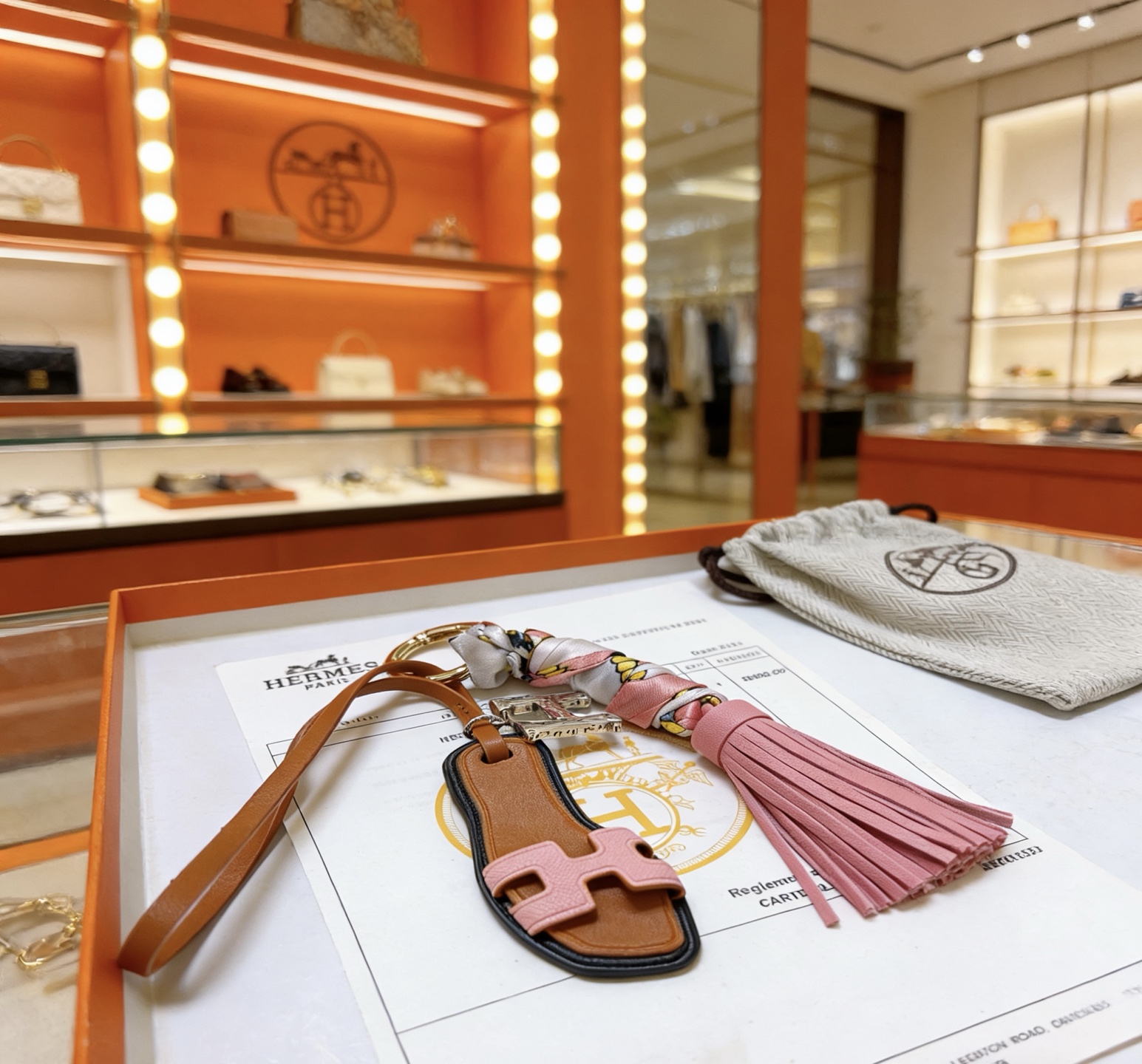 Hermes Oran Sandal Tassel Key Charm pendentif Métal doré cuir grainé rose cuir lisse beige bordure noire twilly de soie multicolore longueur totale du bracelet 12 cm
