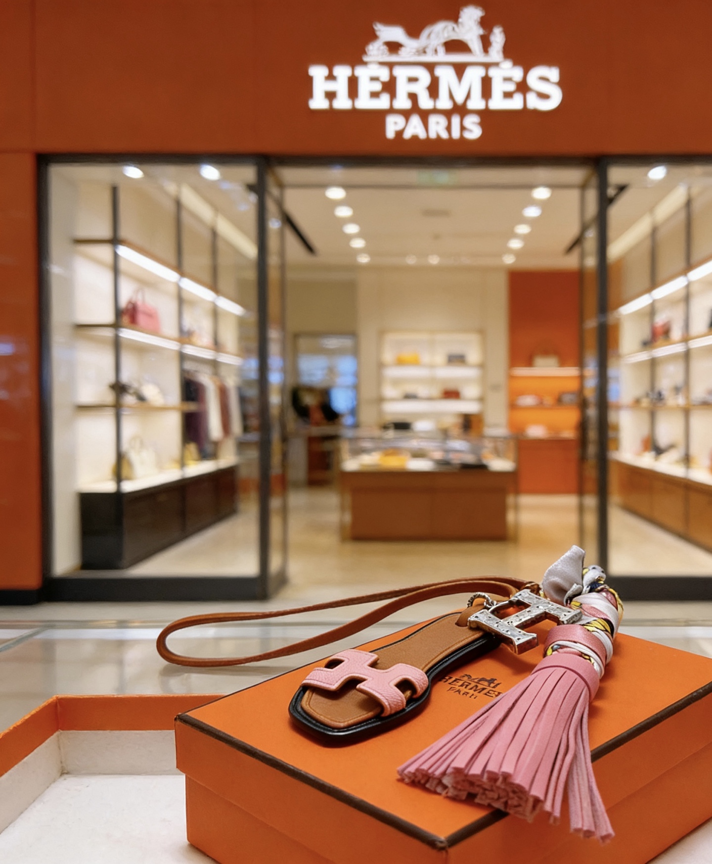Hermes Oran Sandal Tassel Key Charm pendentif Métal doré cuir grainé rose cuir lisse beige bordure noire twilly de soie multicolore longueur totale du bracelet 12 cm