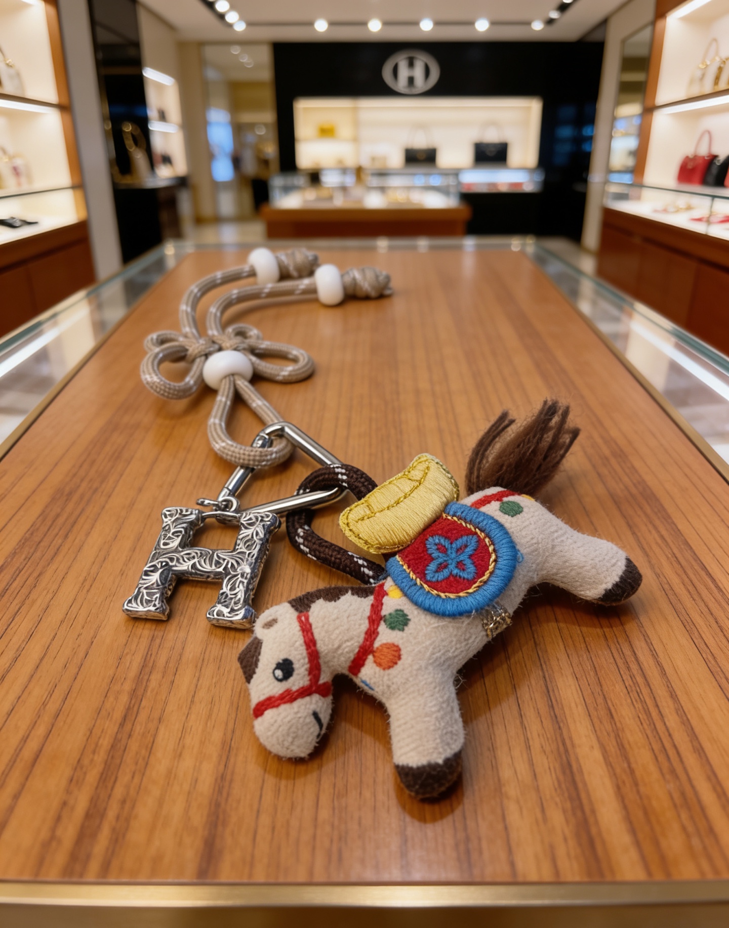 Hermes Rodeo Horse H Charm Chaveiro pingente Cordão de tecido bege de metal prateado com miçangas brancas Cavalo de feltro off-white com bordado multicolor fio marrom juba cauda 12 cm de comprimento total