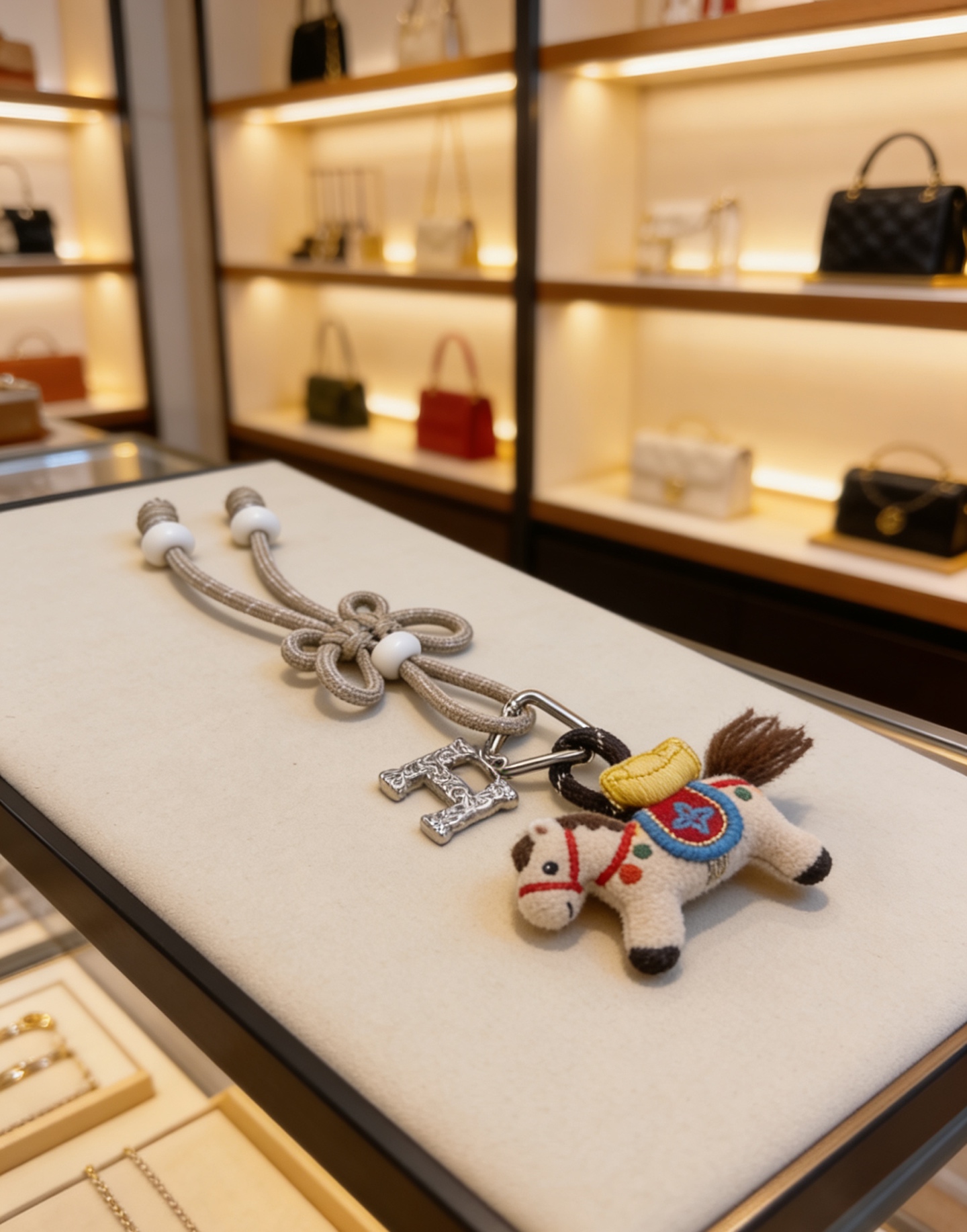 Hermes Rodeo Horse H Charm Chaveiro pingente Cordão de tecido bege de metal prateado com miçangas brancas Cavalo de feltro off-white com bordado multicolor fio marrom juba cauda 12 cm de comprimento total