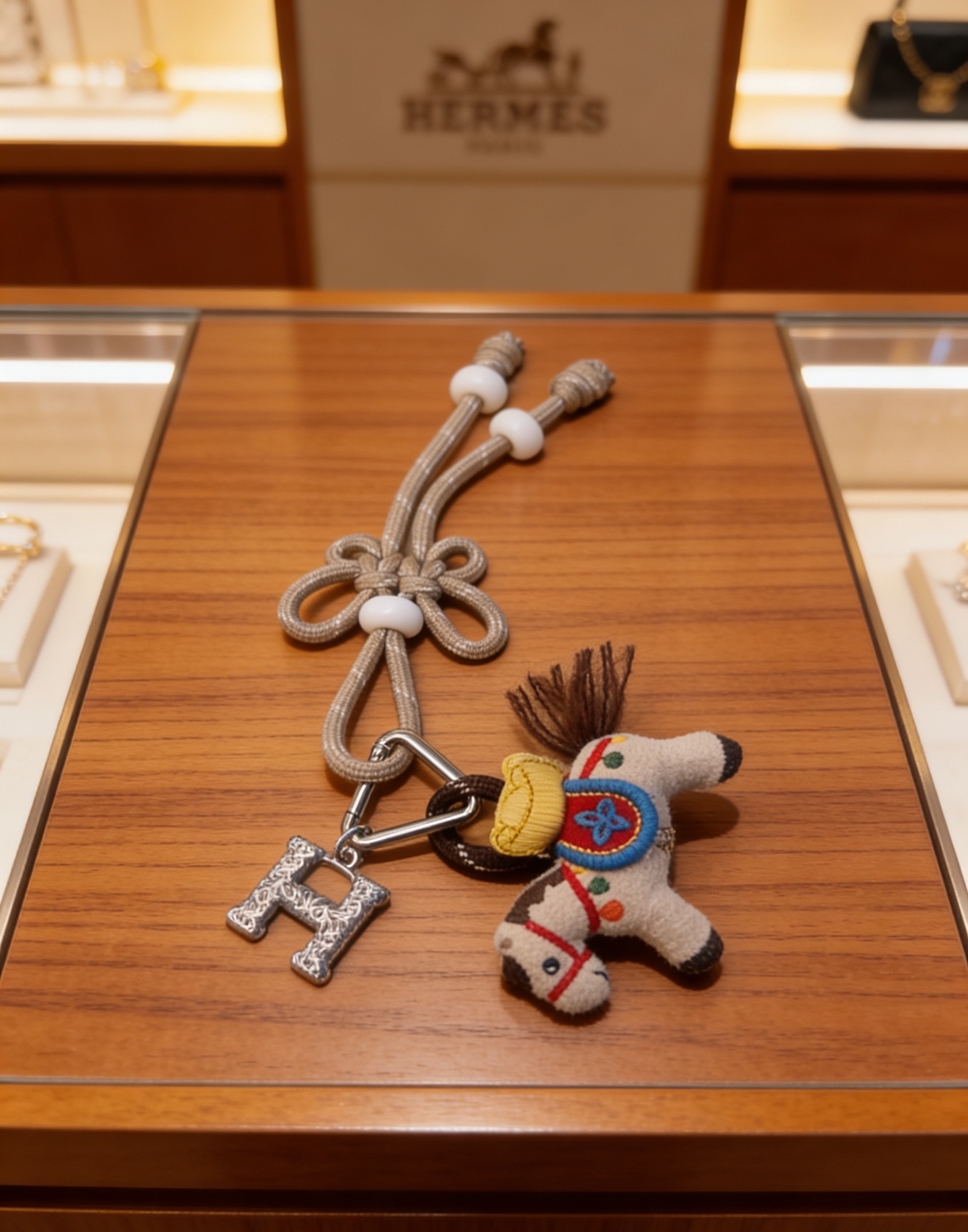 Hermes Rodeo Horse H Charm Chaveiro pingente Cordão de tecido bege de metal prateado com miçangas brancas Cavalo de feltro off-white com bordado multicolor fio marrom juba cauda 12 cm de comprimento total