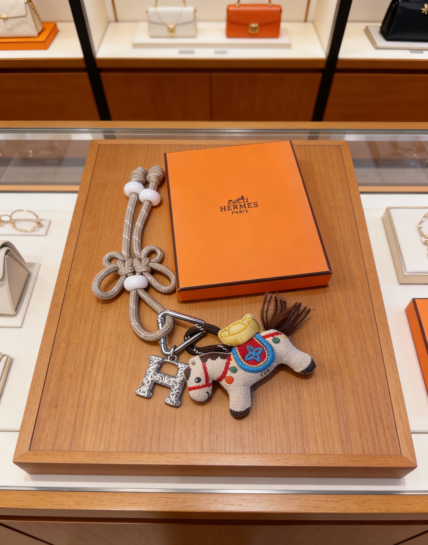 Hermes Rodeo Horse H Charm Chaveiro pingente Cordão de tecido bege de metal prateado com miçangas brancas Cavalo de feltro off-white com bordado multicolor fio marrom juba cauda 12 cm de comprimento total