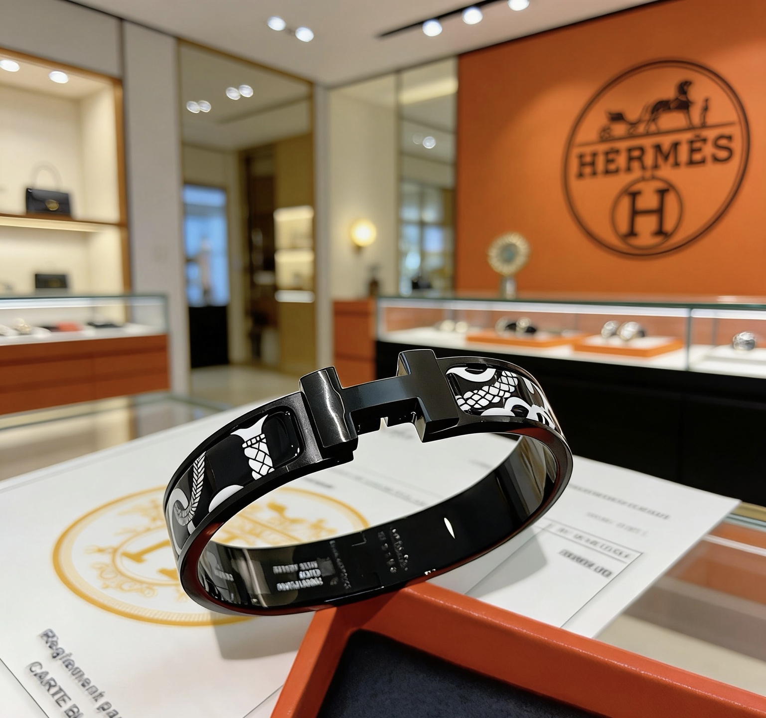 Bracciale Hermes Clic H smalto nero con motivo bianco metallo placcato nero 17
