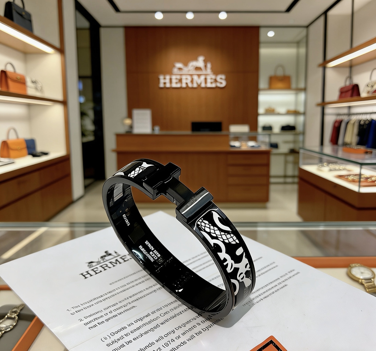 Bracciale Hermes Clic H smalto nero con motivo bianco metallo placcato nero 17