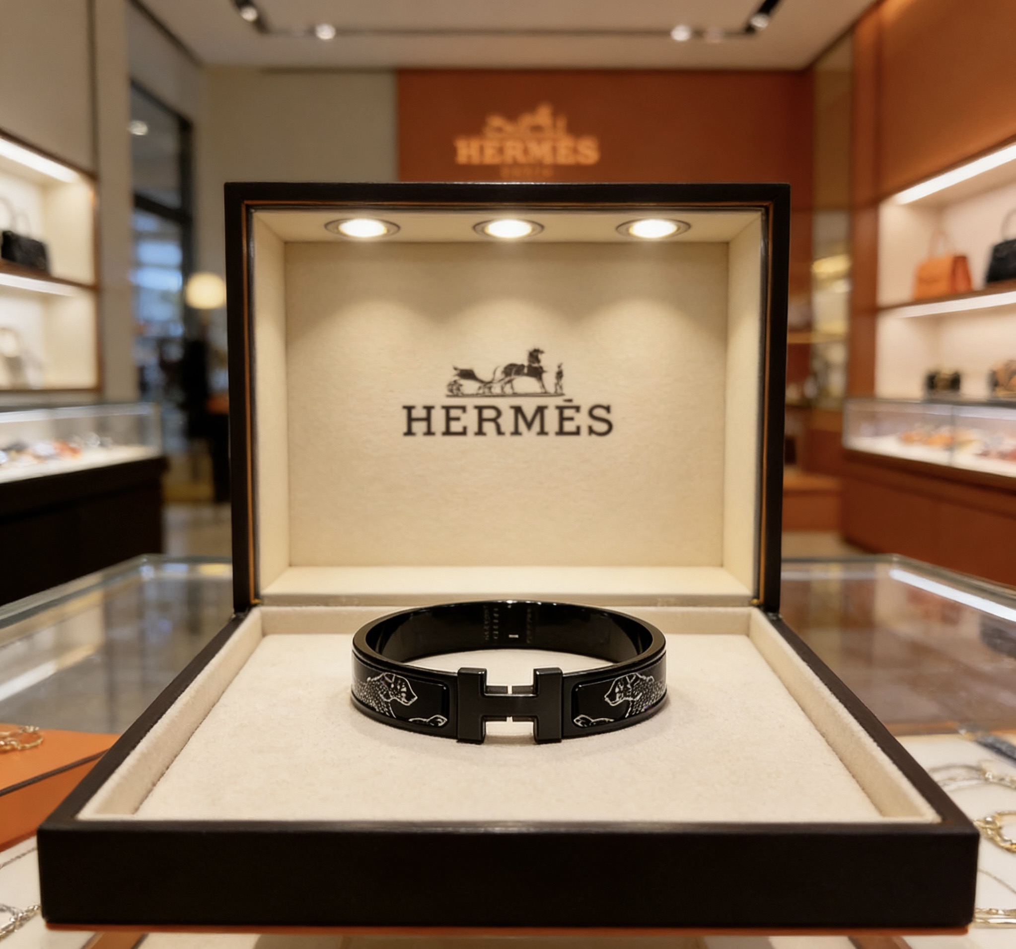 Bracciale Hermes Clic Clac H Cheval Deco smalto nero con hardware in metallo color argento dettagli decorativi equini argento 17