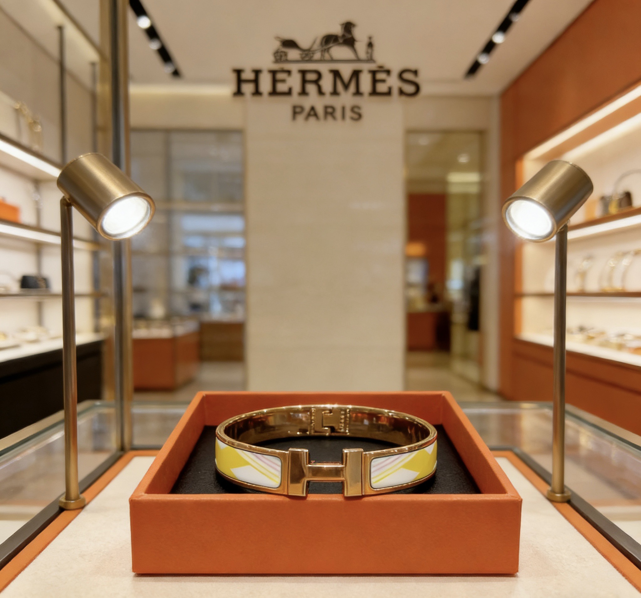 Bracciale Hermes Clic H metallo placcato oro rosa con smalto giallo bianco viola chiaro 17