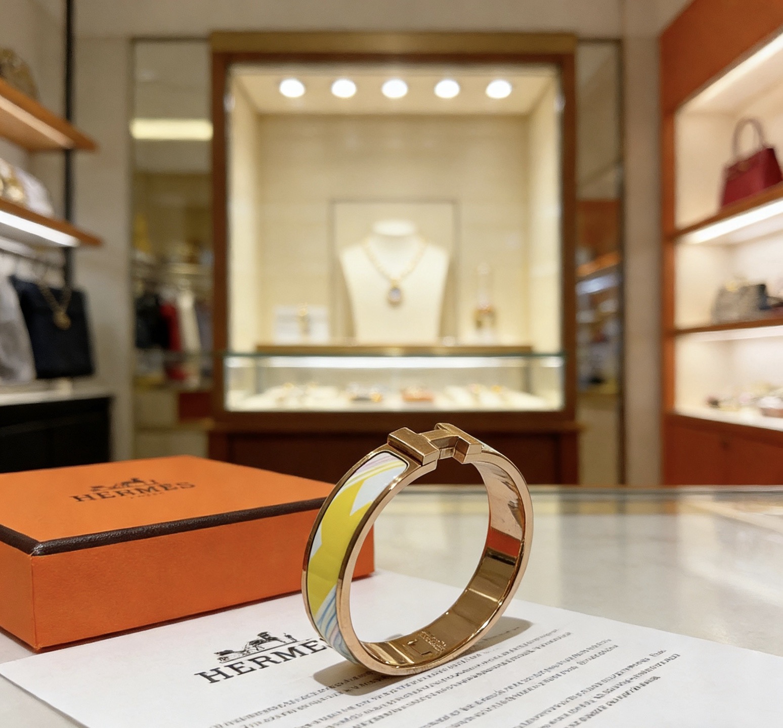 Bracciale Hermes Clic H metallo placcato oro rosa con smalto giallo bianco viola chiaro 17